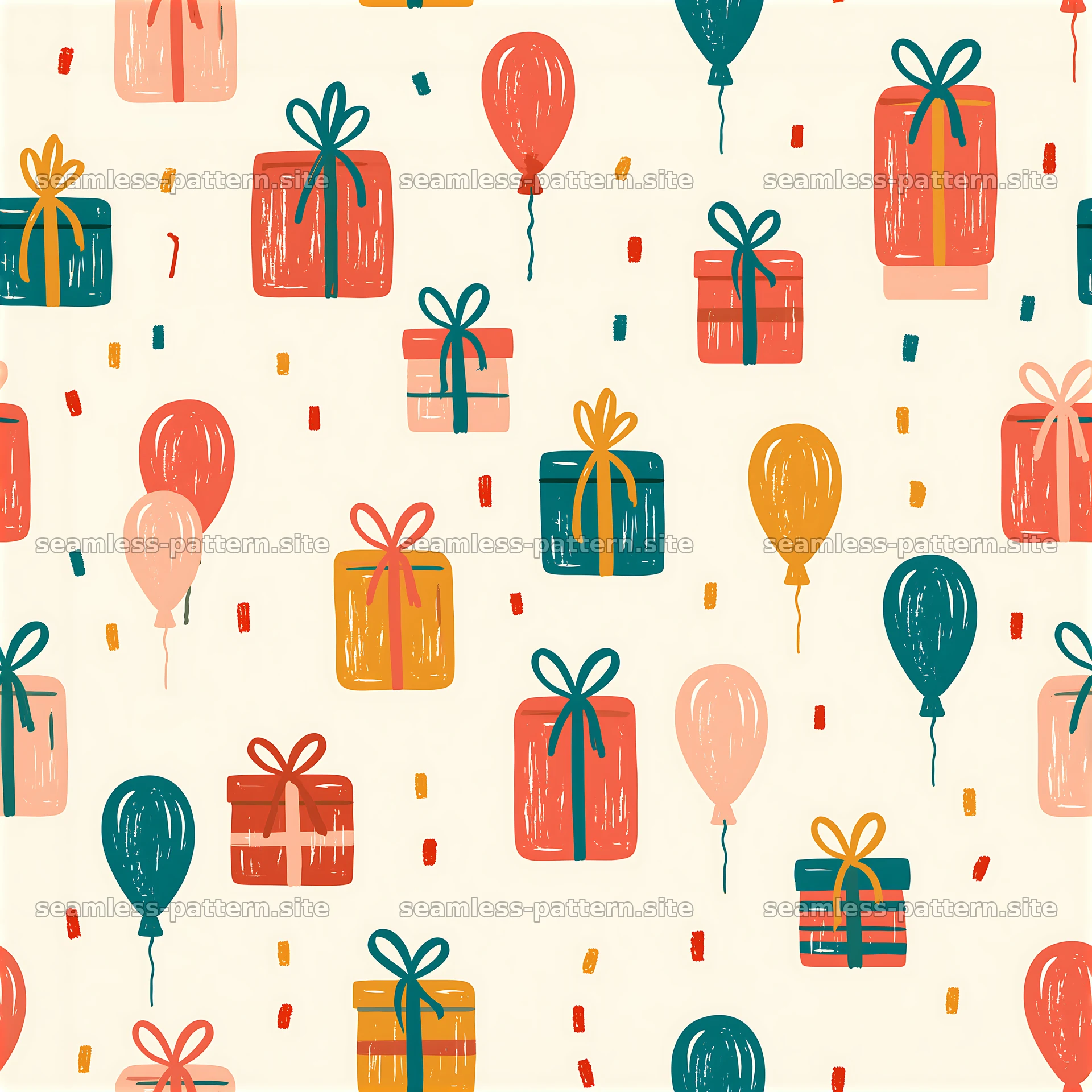 Seamless pattern with gift boxes and balloons in a playful arrangement — seamless tileable pattern at 8192x8192