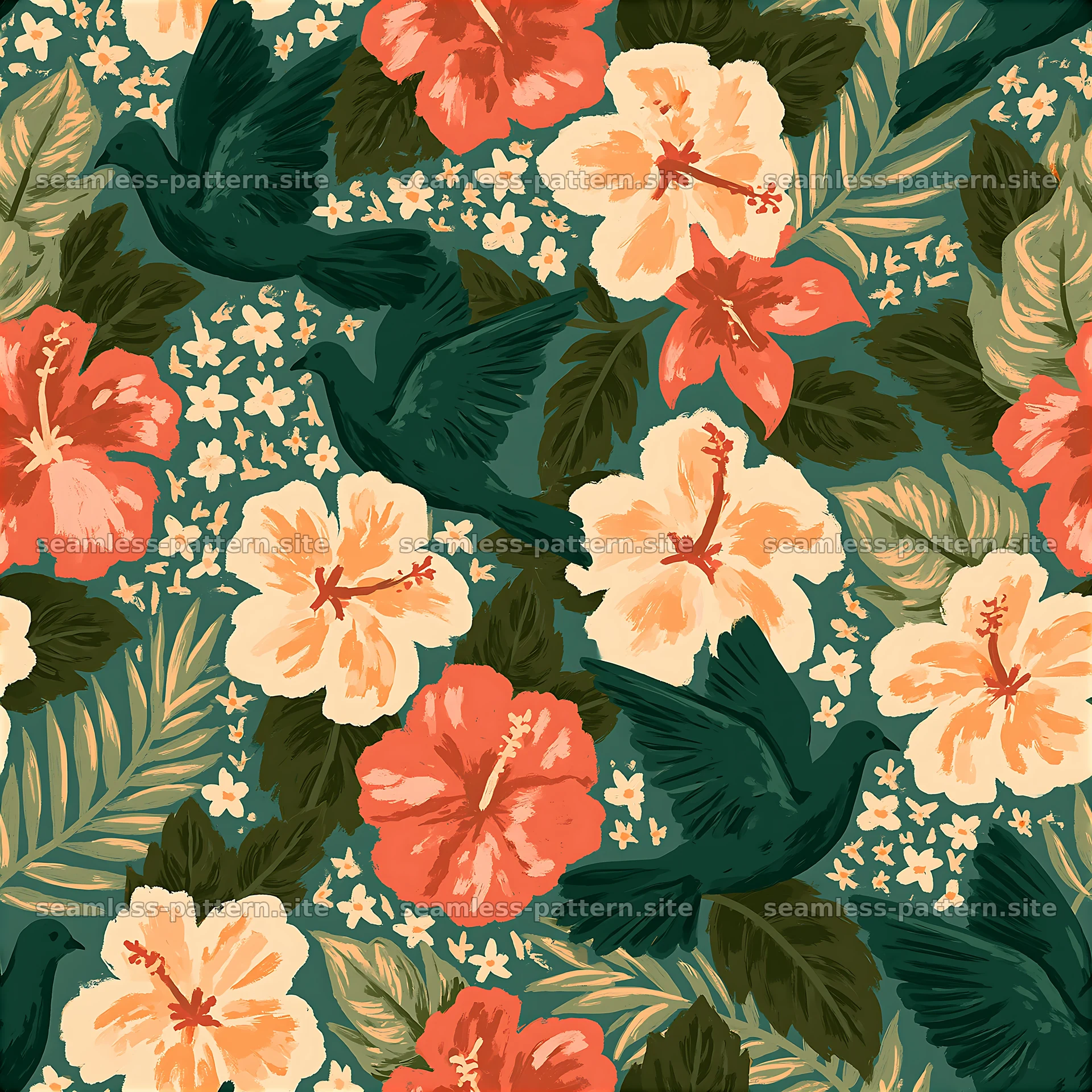 Dove silhouettes and tropical hibiscus floral seamless pattern — seamless tileable pattern at 8192x8192