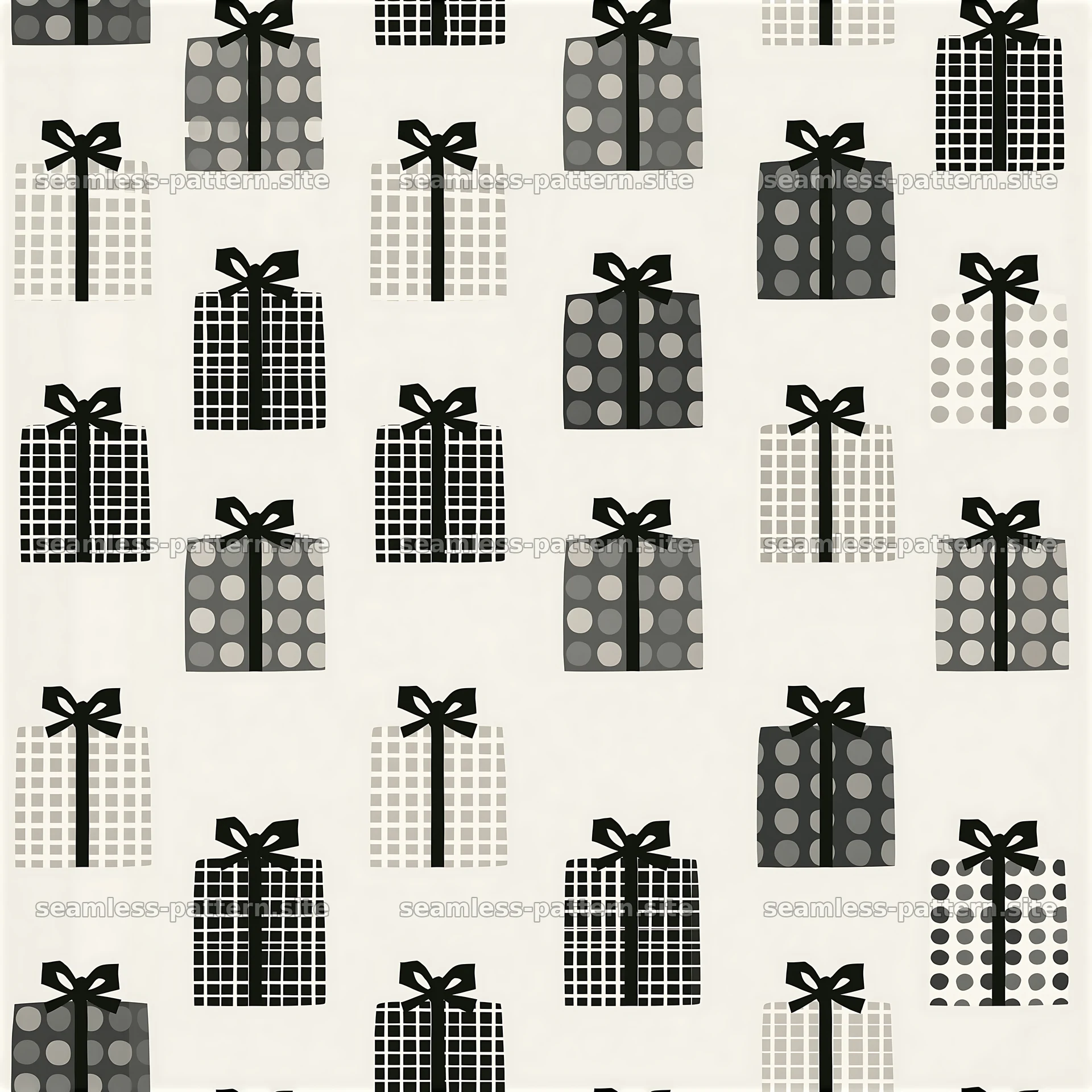 Black and white seamless pattern of gift boxes in various designs — seamless tileable pattern at 8192x8192