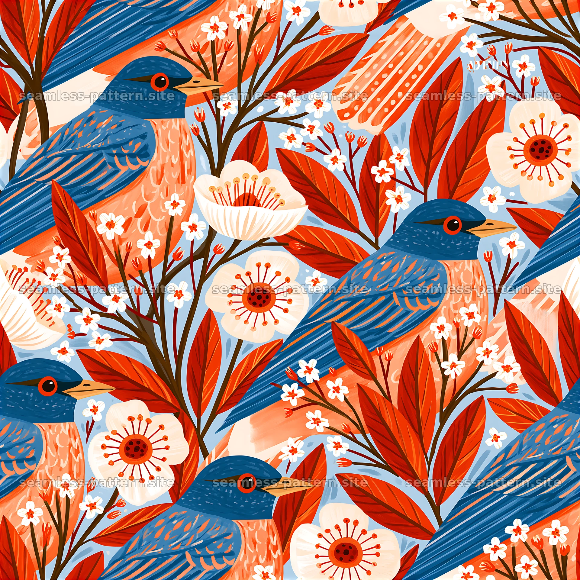 Colorful Blue Bird and Flower Seamless Pattern — seamless tileable pattern at 8192x8192