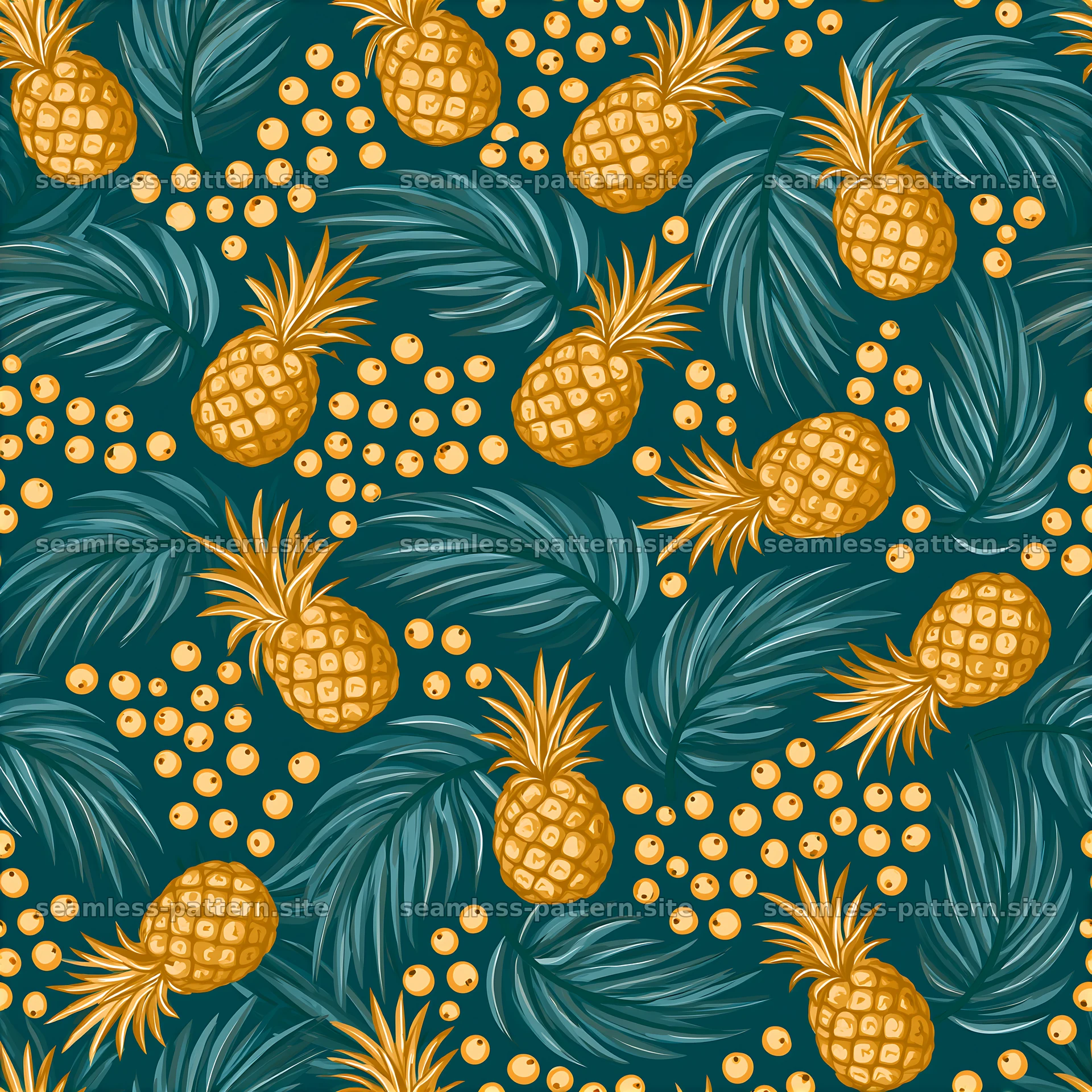 Pineapple pattern with tropical leaves on dark background — seamless tileable pattern at 8192x8192