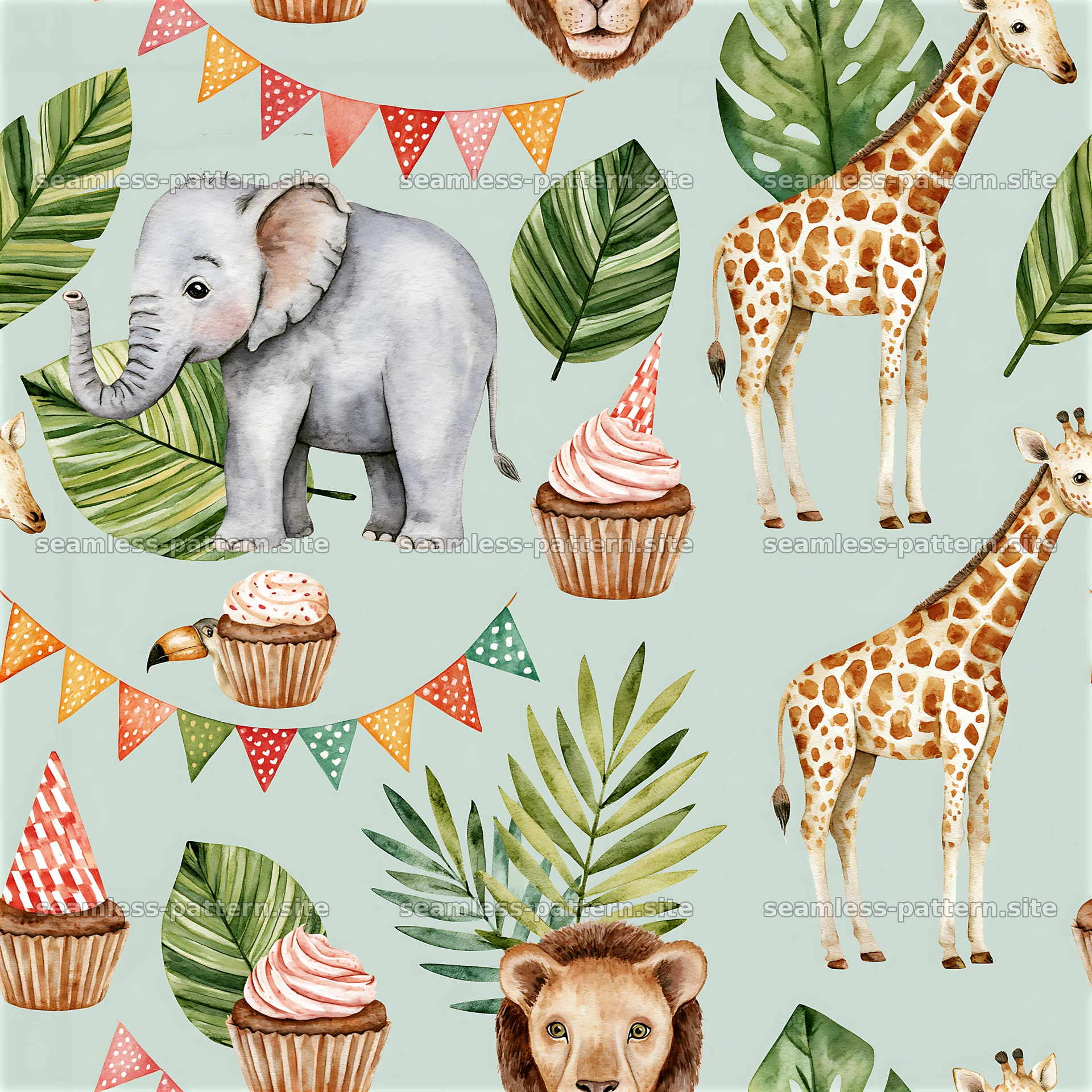 Birthday safari animals seamless pattern with elephants, giraffes — seamless tileable pattern at 8192x8192