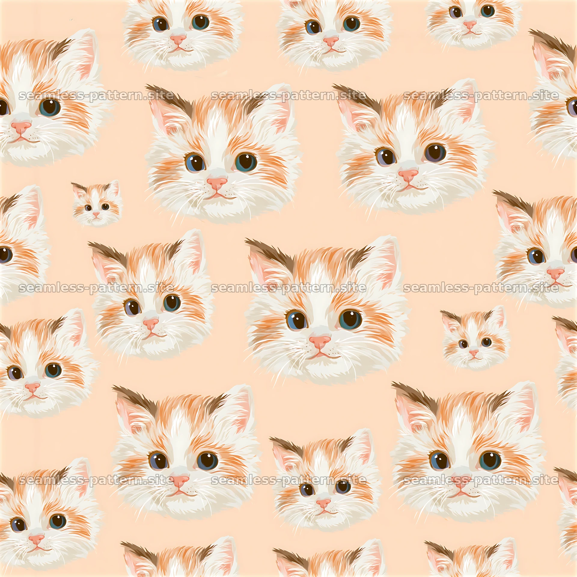 Cute kitten faces seamless pattern with orange and white fur — seamless tileable pattern at 8192x8192