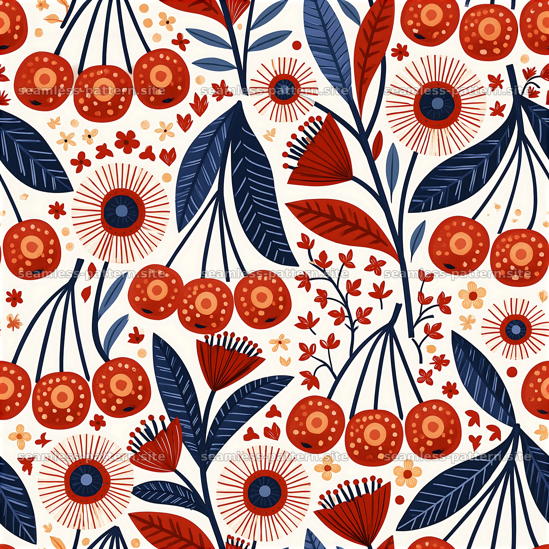 Colorful fruit and flower seamless pattern with leaves and buds — seamless tileable pattern at 8192x8192
