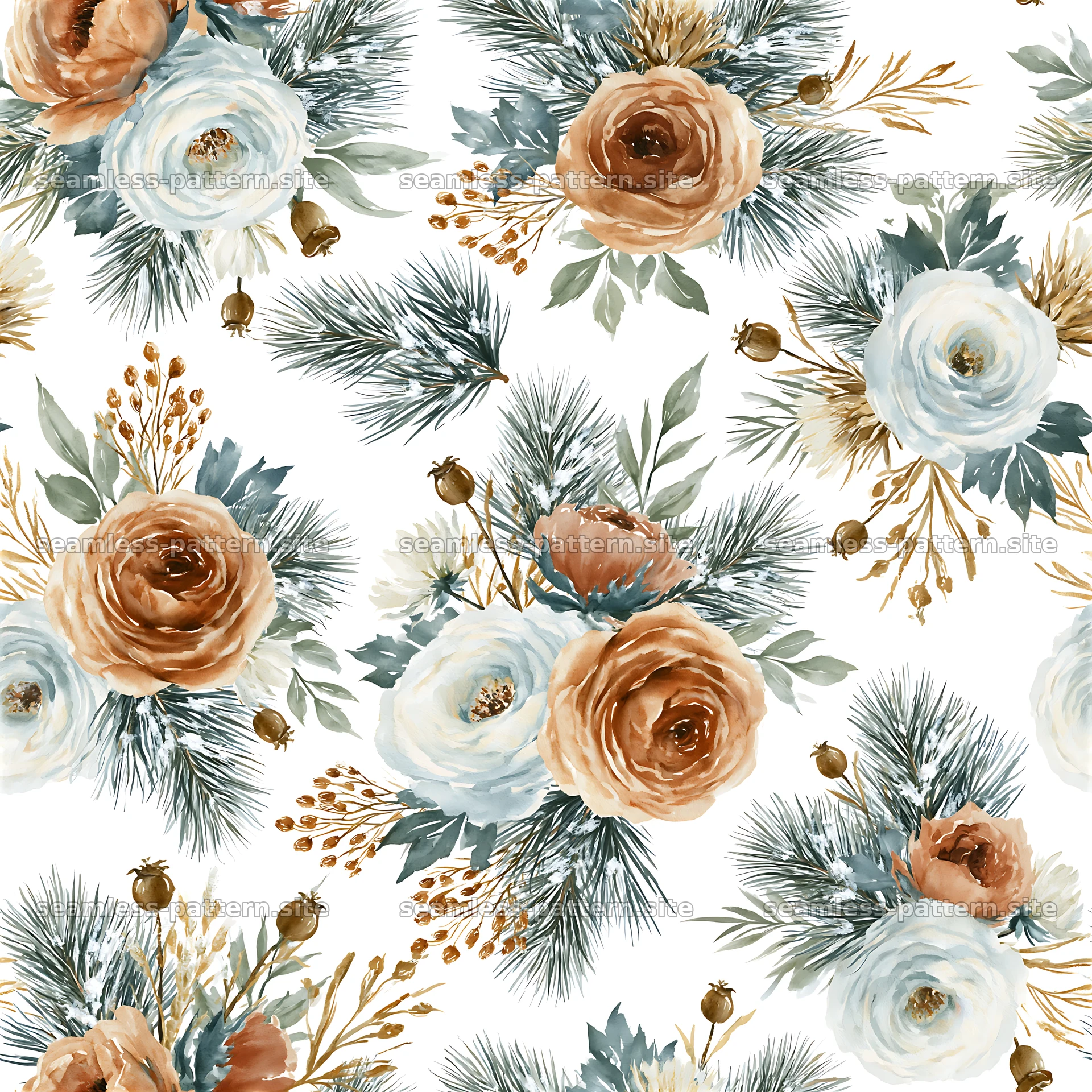Tileable watercolor winter floral pattern with seamless design — seamless tileable pattern at 8192x8192