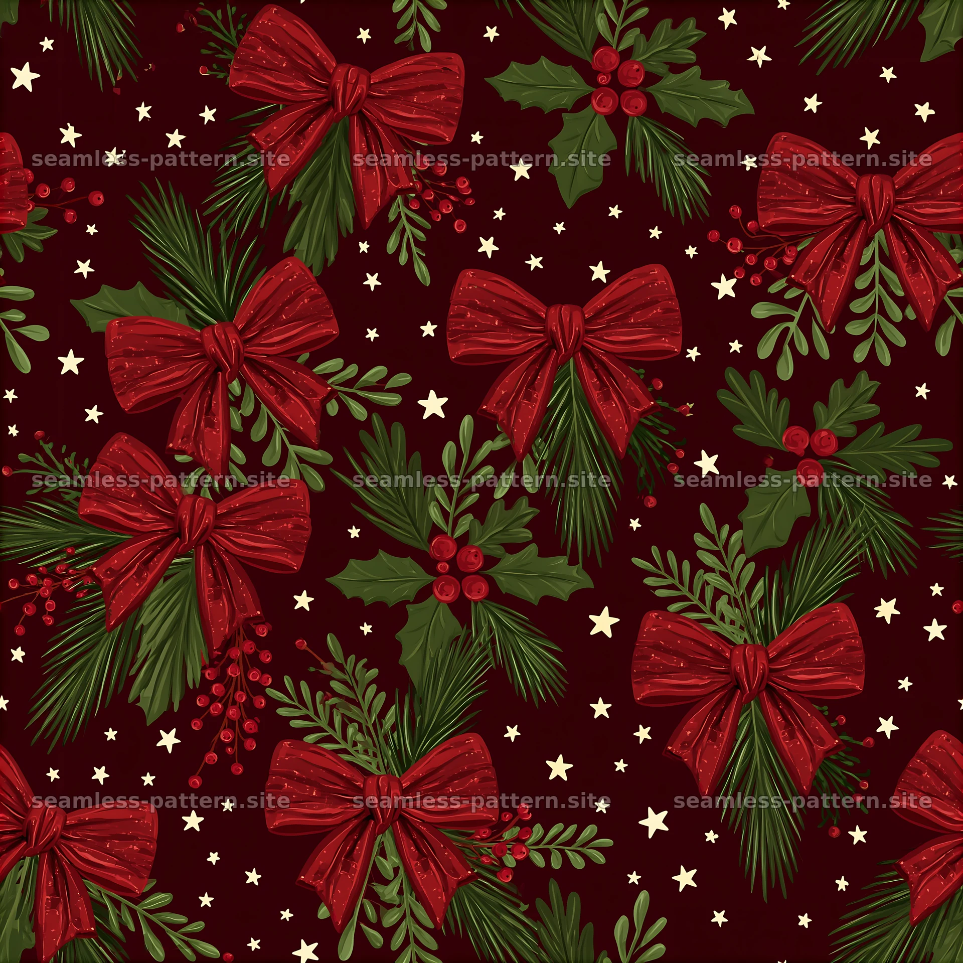 Seamless red and green Christmas pattern with bows and greenery — seamless tileable pattern at 8192x8192