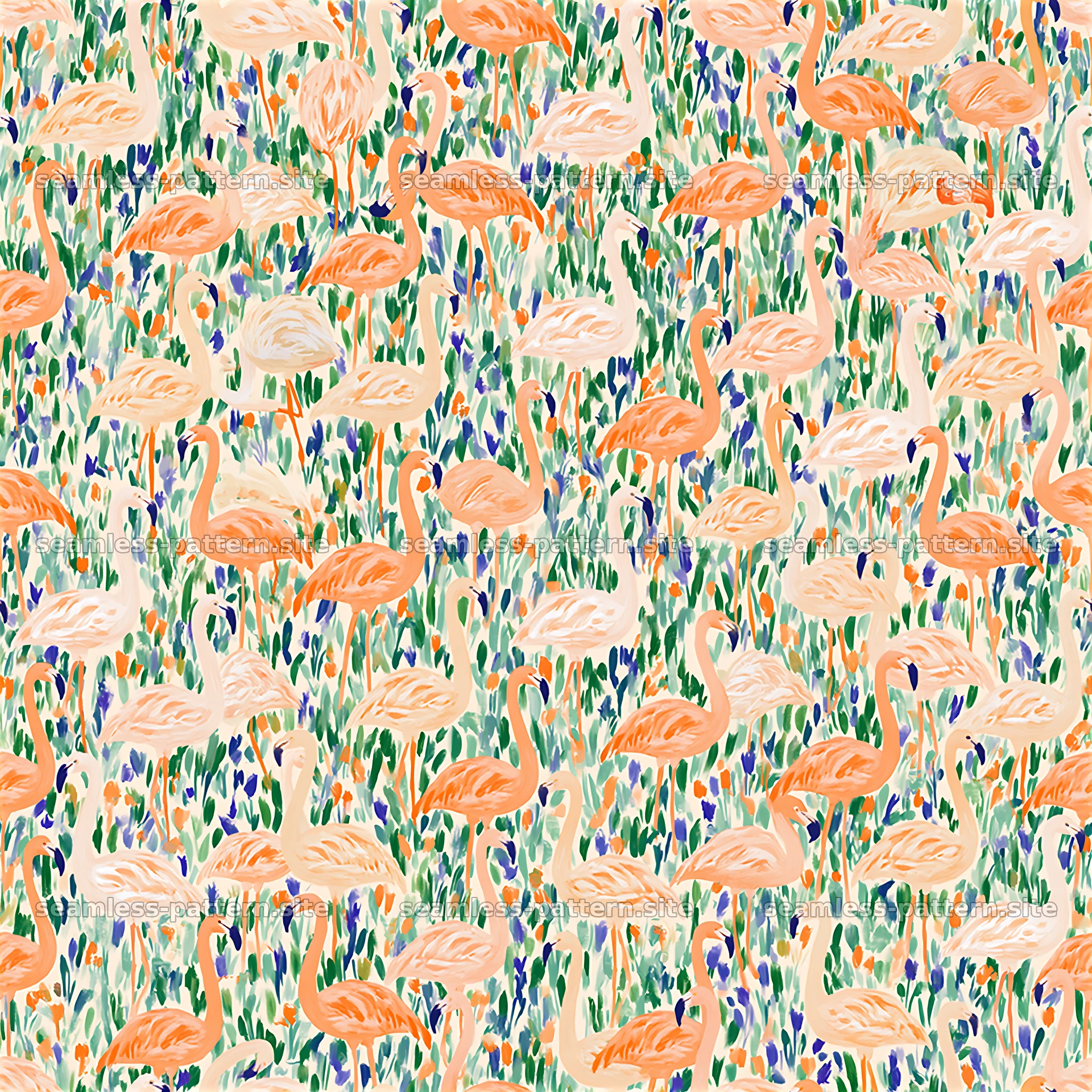 Colorful flamingo seamless pattern with floral elements — seamless tileable pattern at 8192x8192