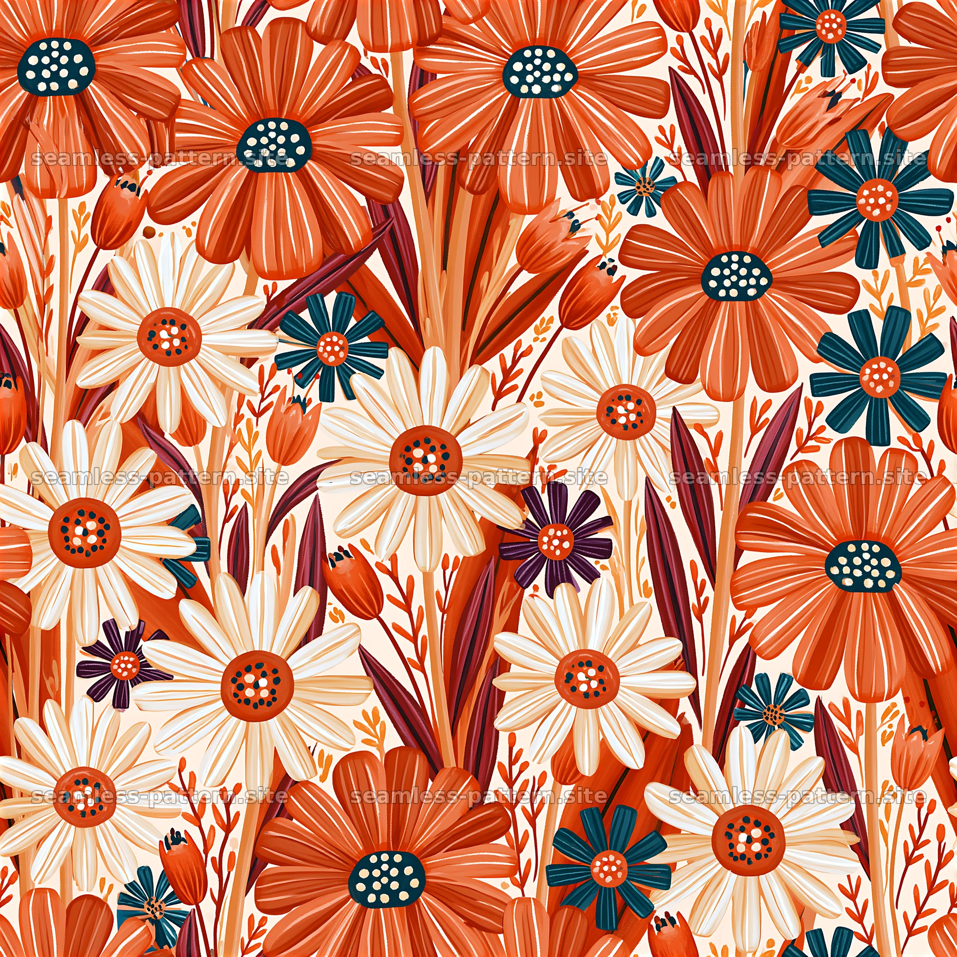 Colorful daisy pattern with bold flowers on a light background — seamless tileable pattern at 8192x8192