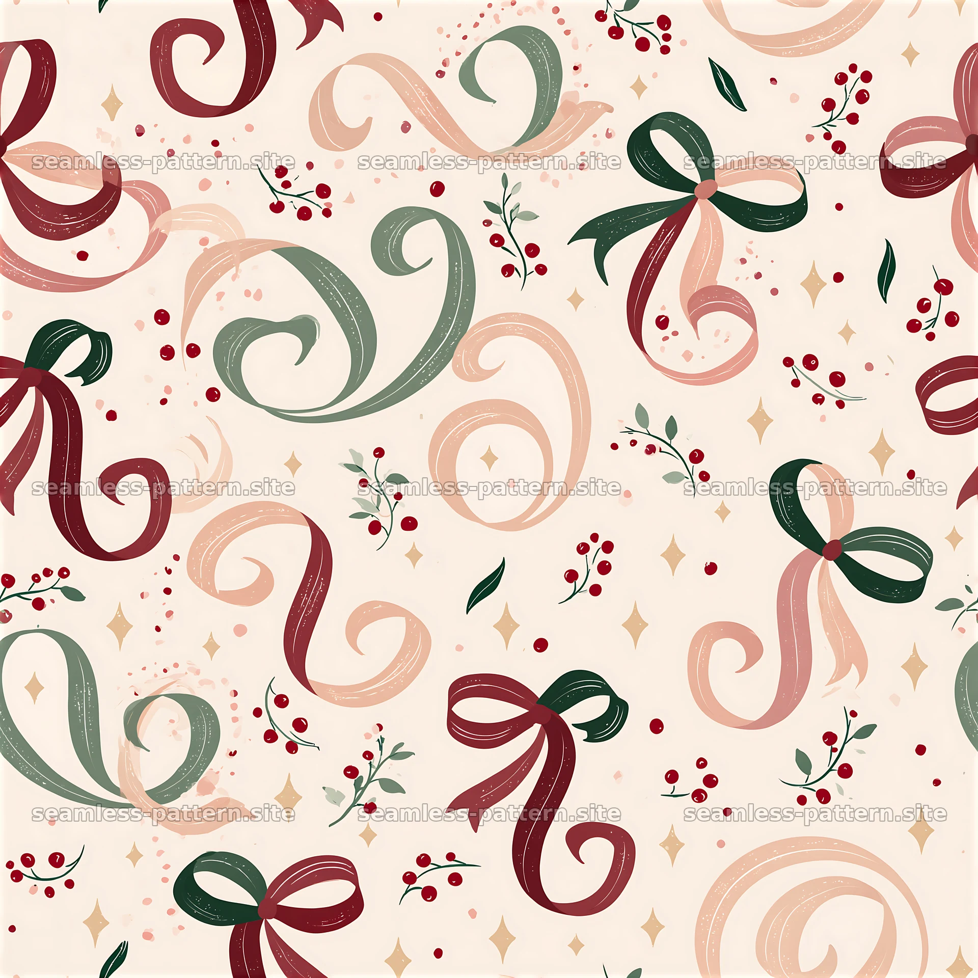 Festive ribbon and berry seamless pattern — seamless tileable pattern at 8192x8192