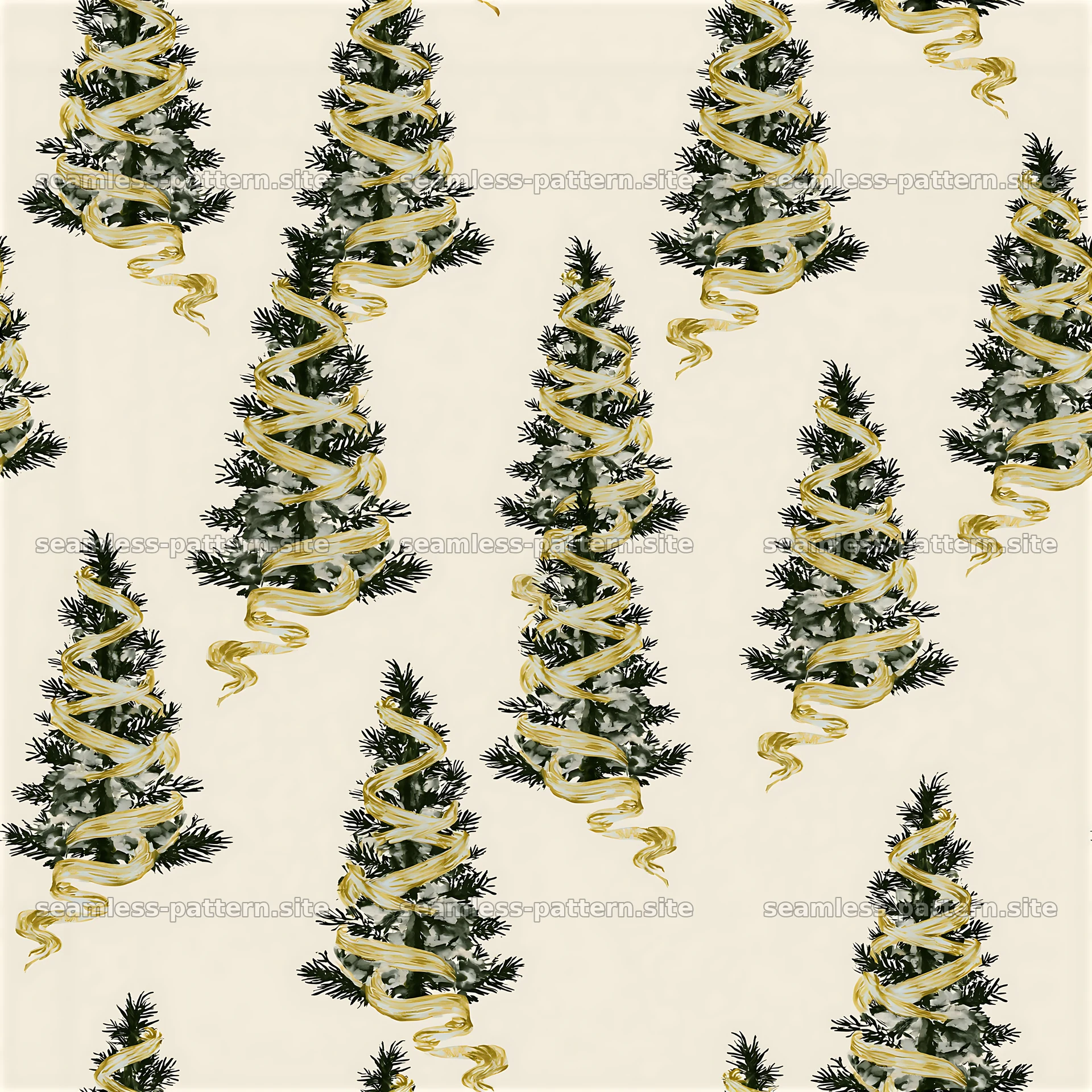 Ribbon-wrapped Christmas trees in seamless pattern design — seamless tileable pattern at 8192x8192