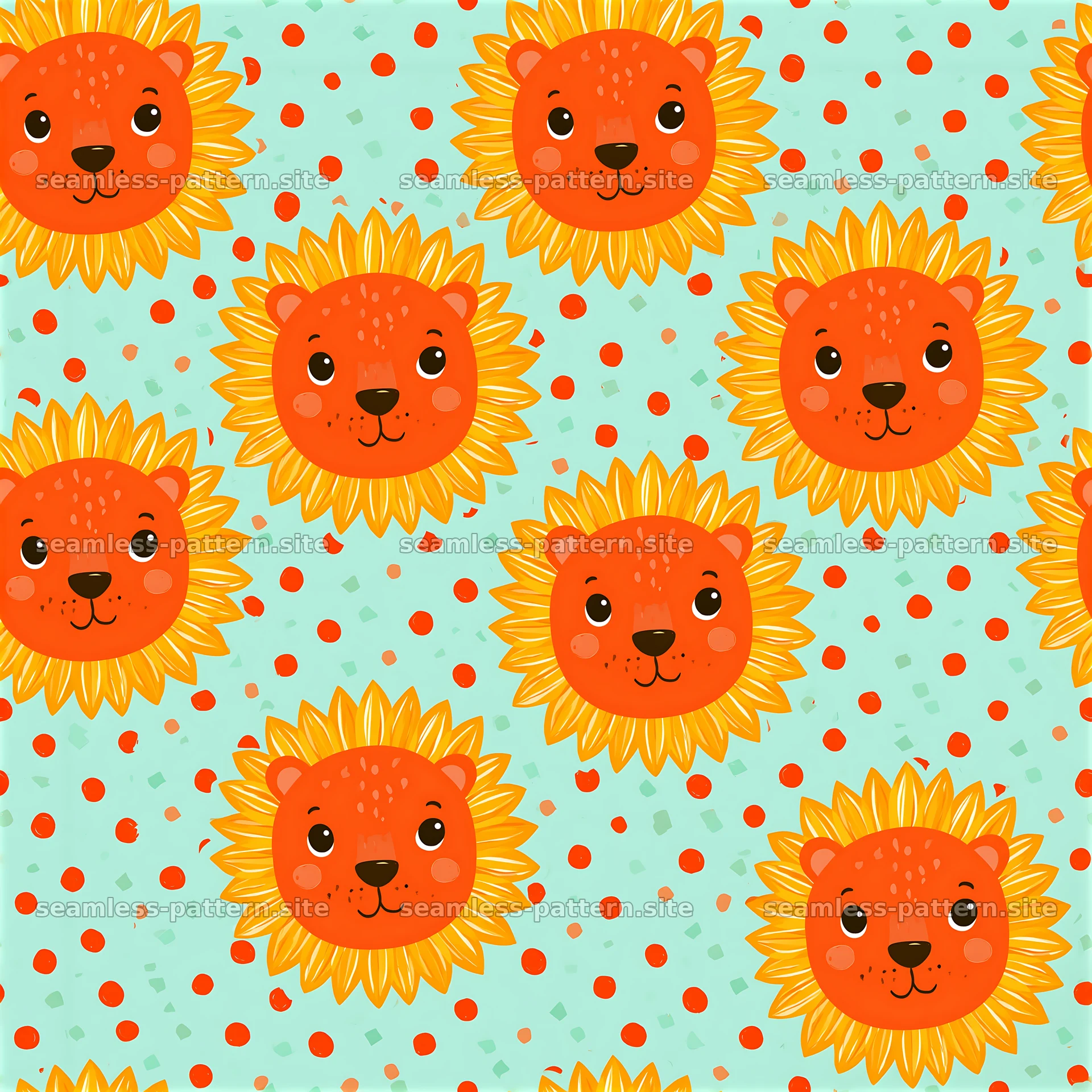 Cute cartoon lion face tileable pattern with bright colors — seamless tileable pattern at 8192x8192