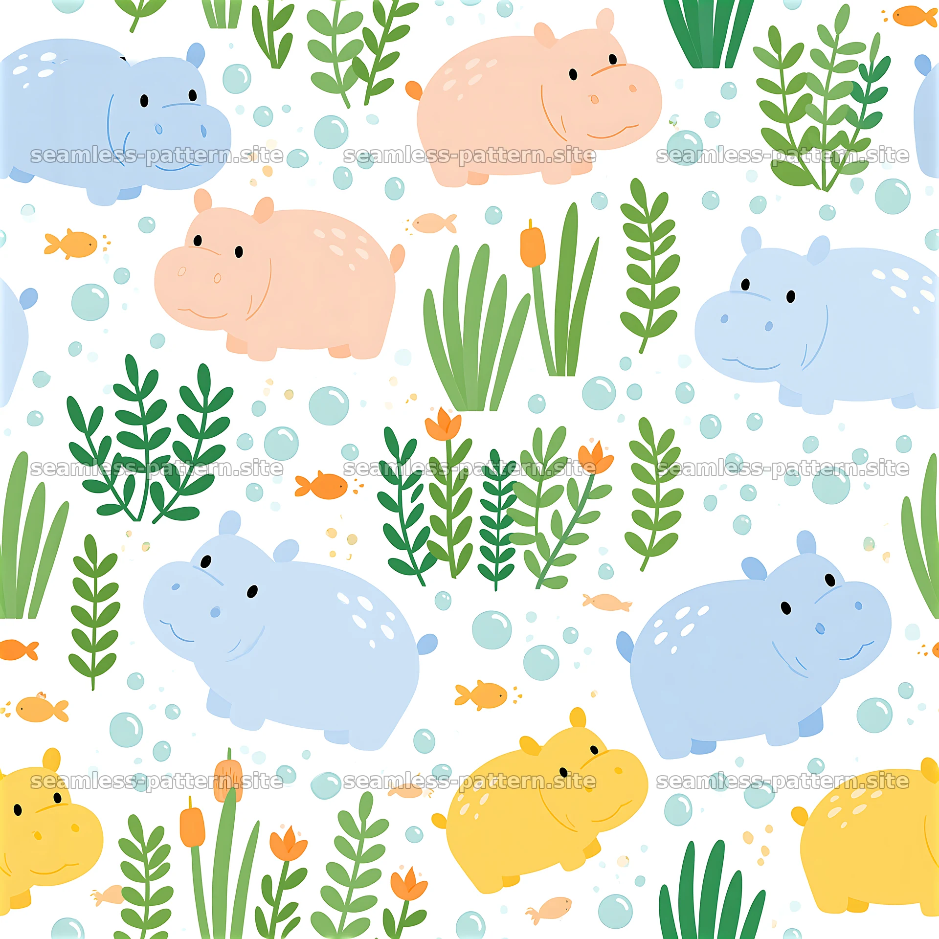 Playful hippos and aquatic plants seamless pattern design — seamless tileable pattern at 8192x8192