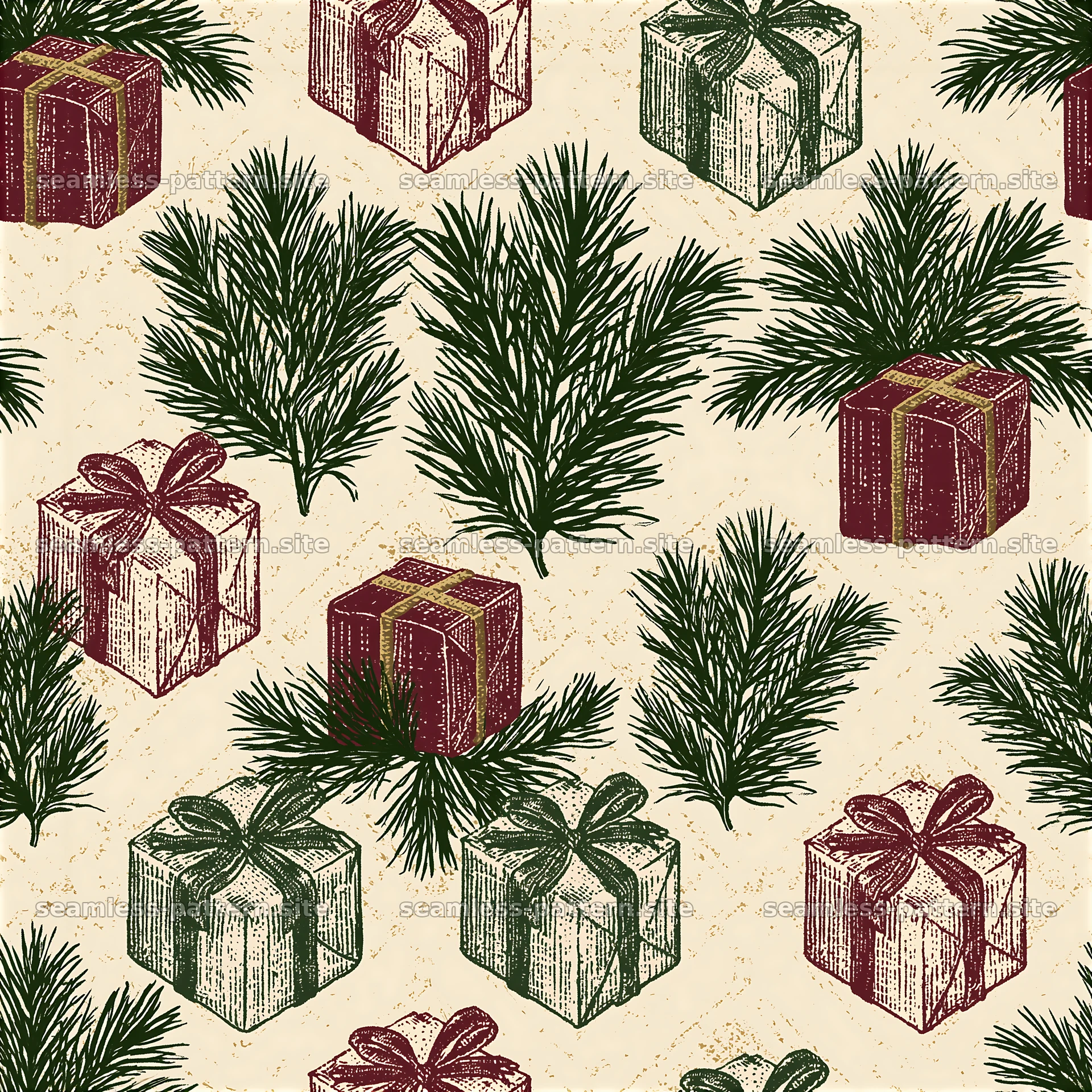 Holiday Gift Boxes and Pine Sprigs Seamless Pattern — seamless tileable pattern at 8192x8192