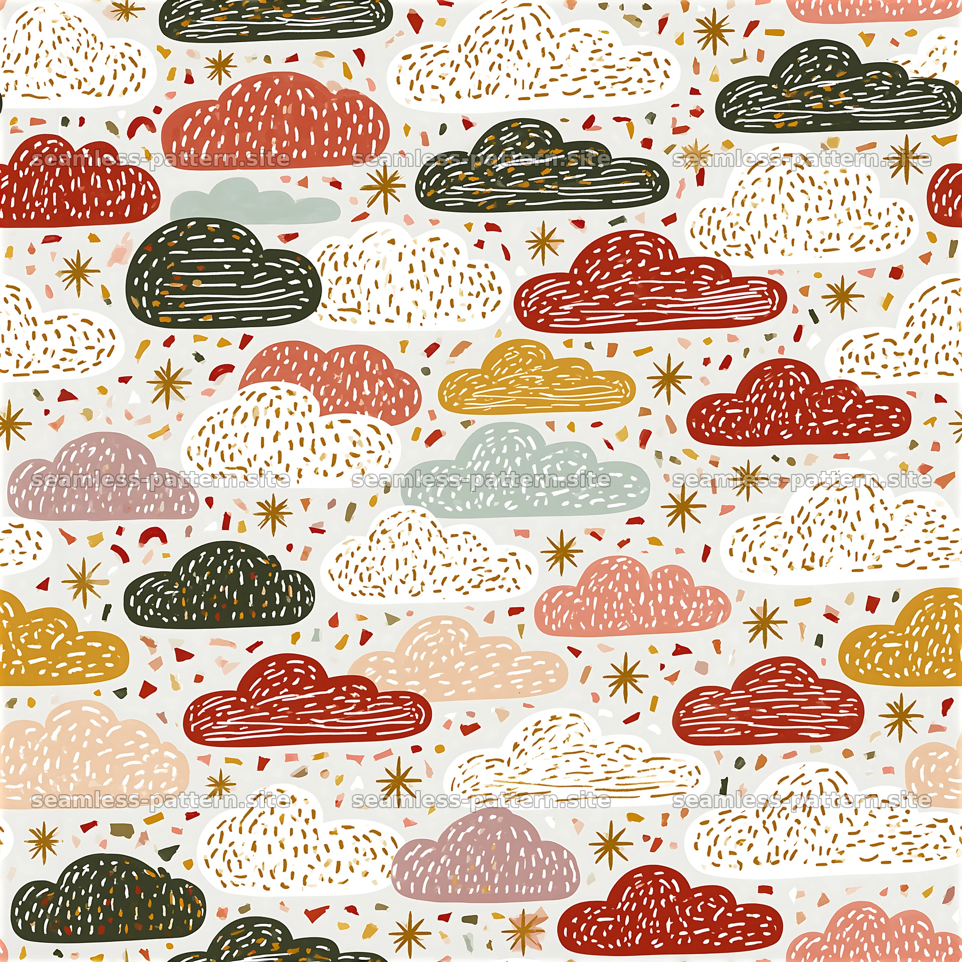 Colorful cloud pattern with various cloud styles on a light background — seamless tileable pattern at 8192x8192
