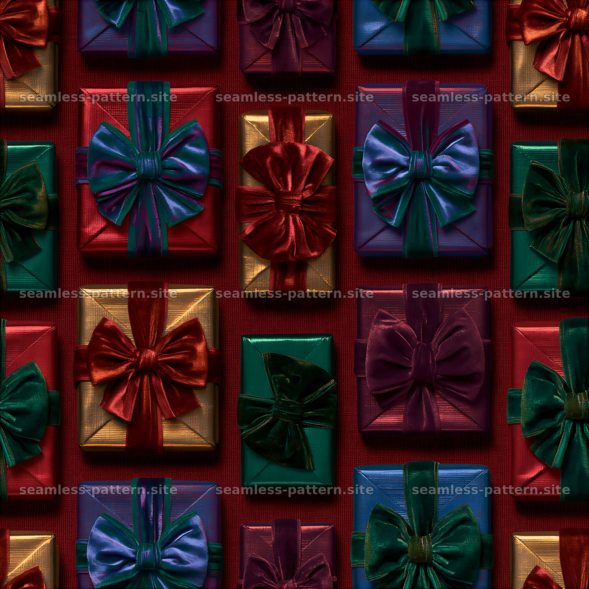 Wrapped presents in colorful patterns for festive designs — seamless tileable pattern at 8192x8192