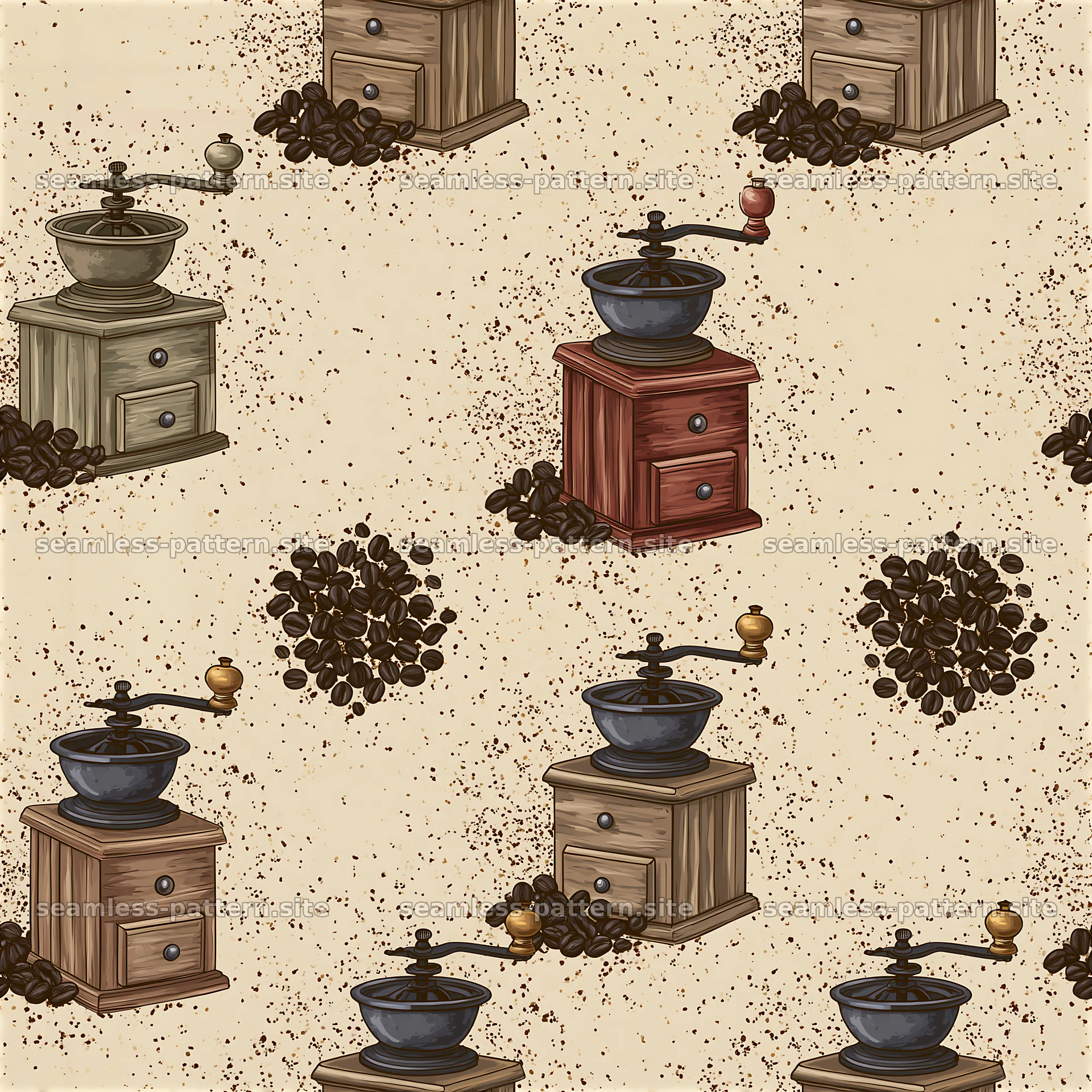Seamless coffee grinder pattern with coffee beans on light background — seamless tileable pattern at 8192x8192