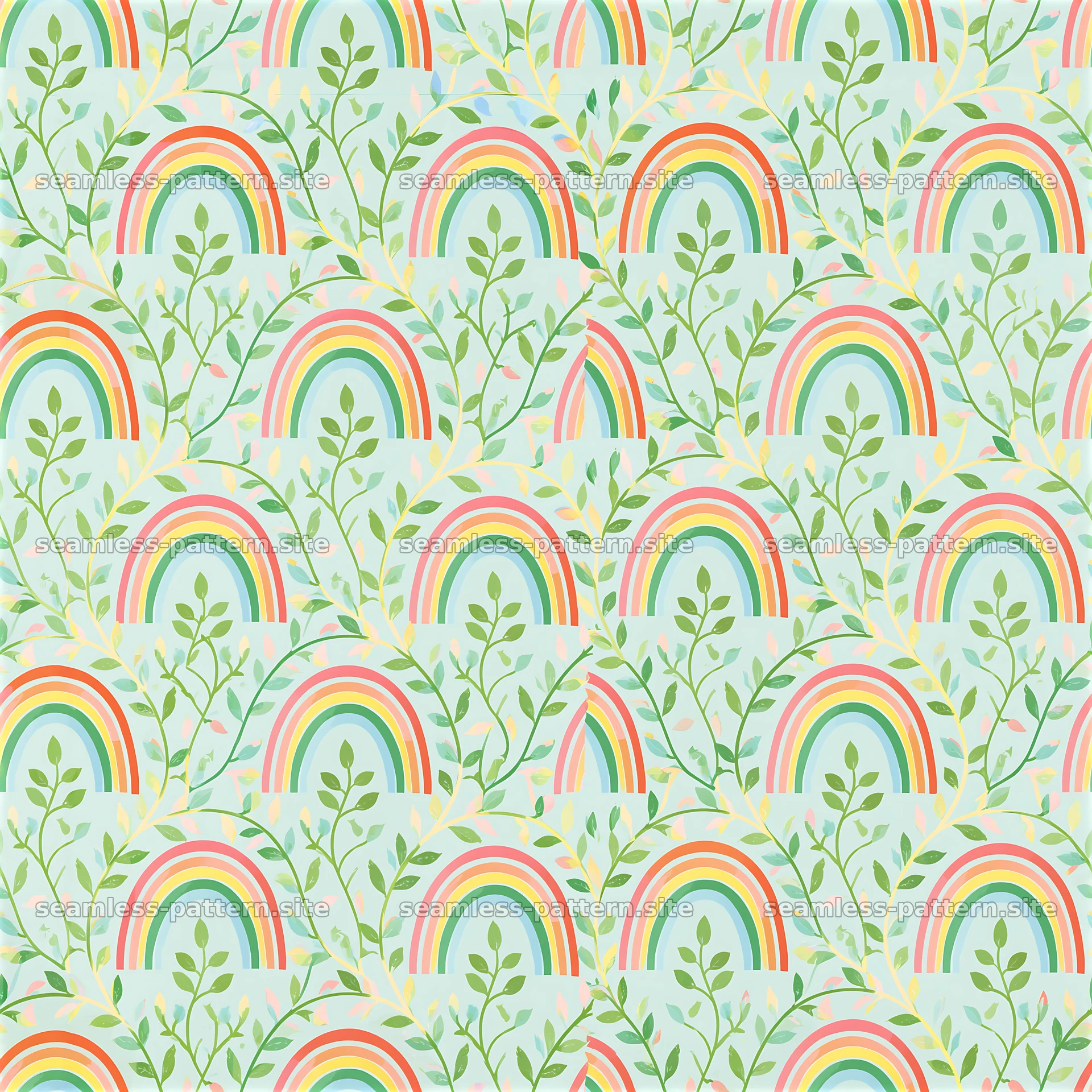 Colorful rainbow motifs with green leaves in a repeating design — seamless tileable pattern at 8192x8192