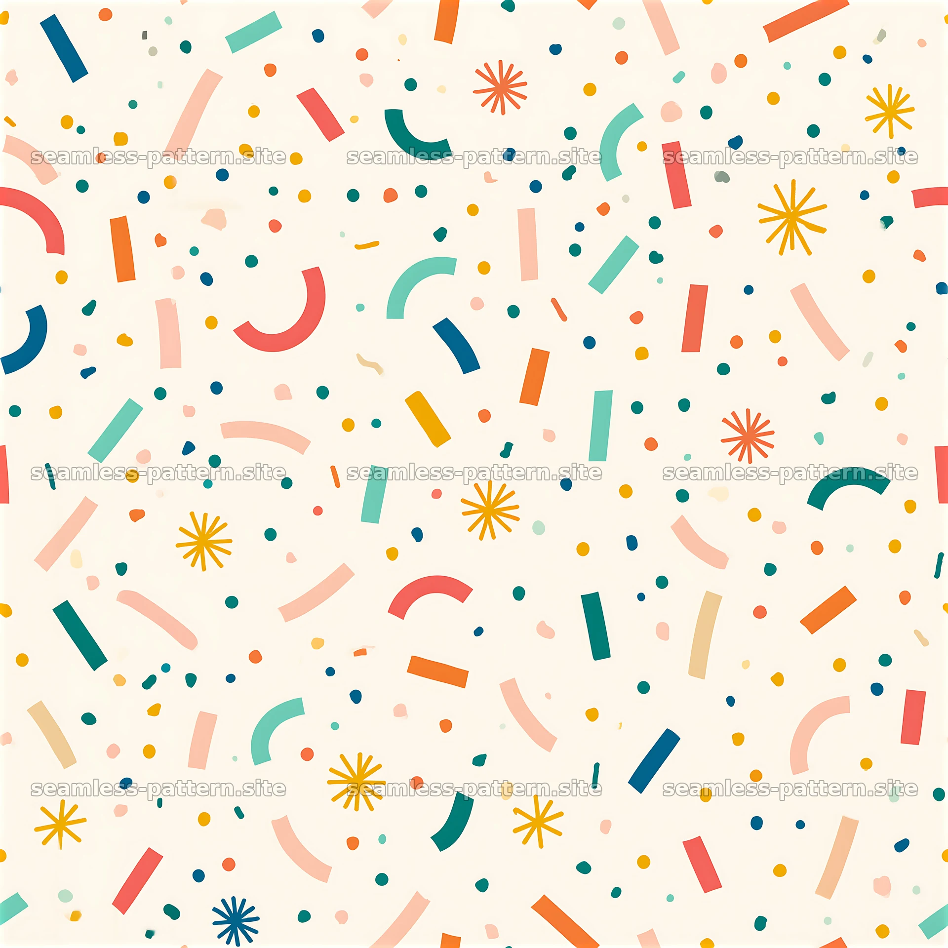 Colorful abstract seamless pattern with fun shapes and dots — seamless tileable pattern at 8192x8192