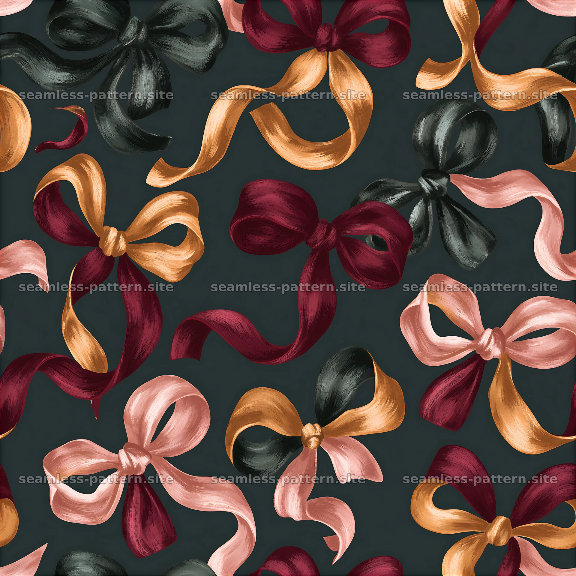 Colorful Ribbon Bow Seamless Pattern on Dark Background — seamless tileable pattern at 8192x8192