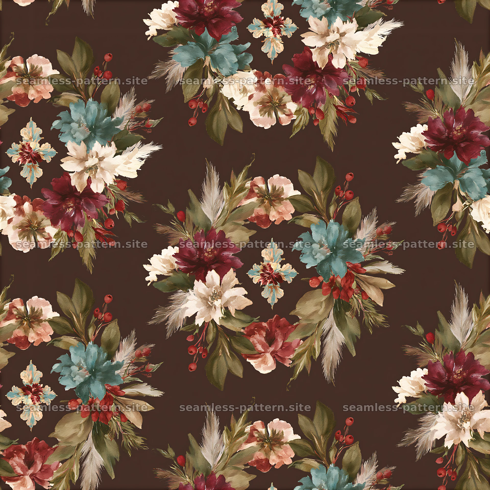 Repeating pattern of floral cross wreaths in vintage watercolor — seamless tileable pattern at 8192x8192