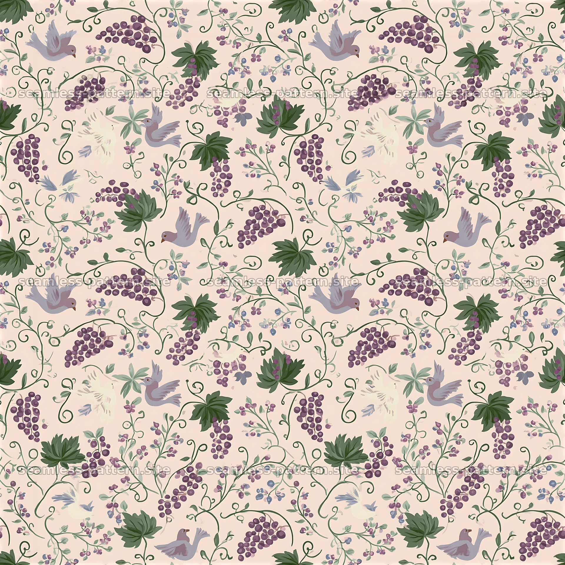 Vintage Grape, Vine and Dove Seamless Pattern — seamless tileable pattern at 8192x8192