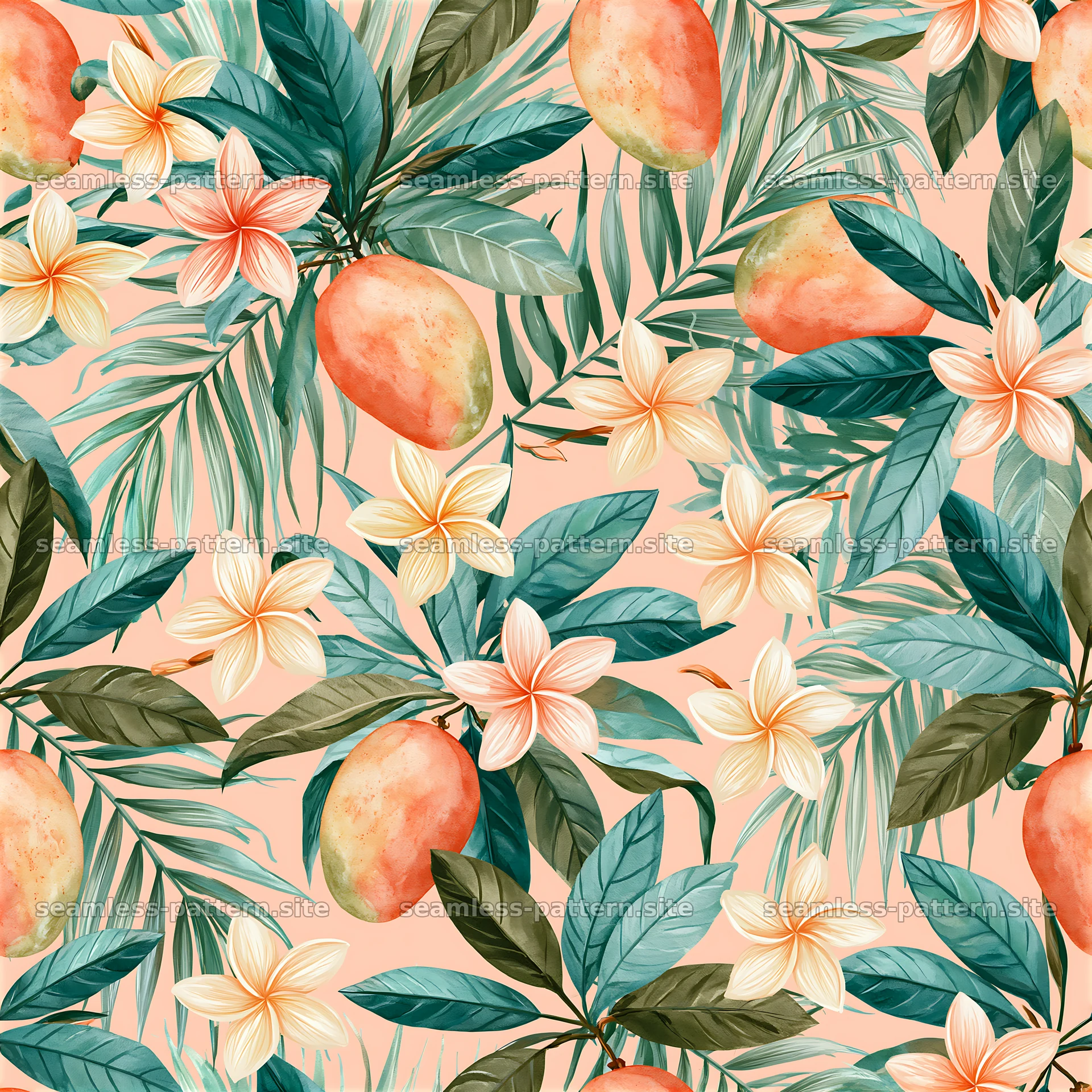 Colorful mango and flower seamless pattern with tropical foliage — seamless tileable pattern at 8192x8192