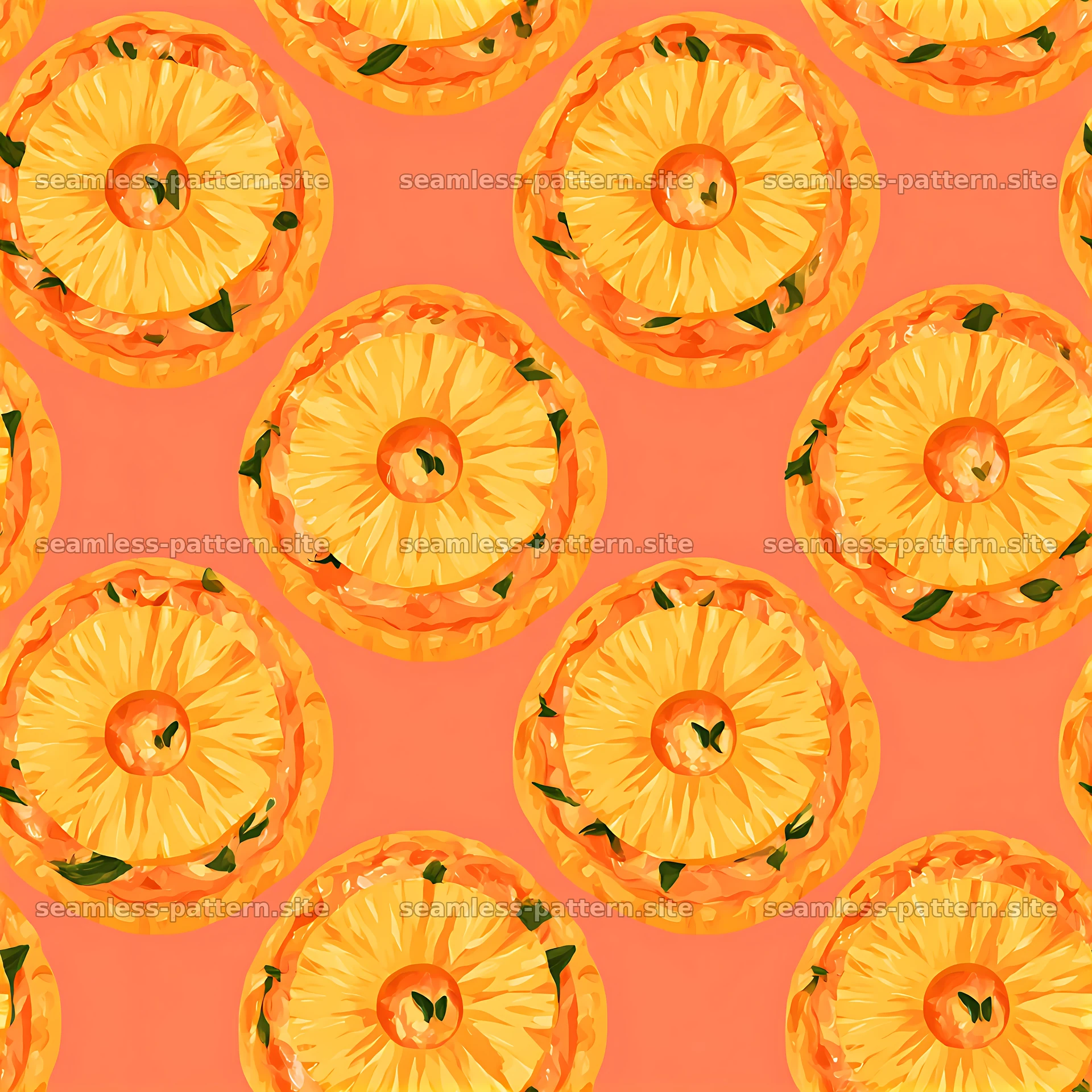Seamless pineapple pizza pattern with bright orange and yellow colors — seamless tileable pattern at 8192x8192