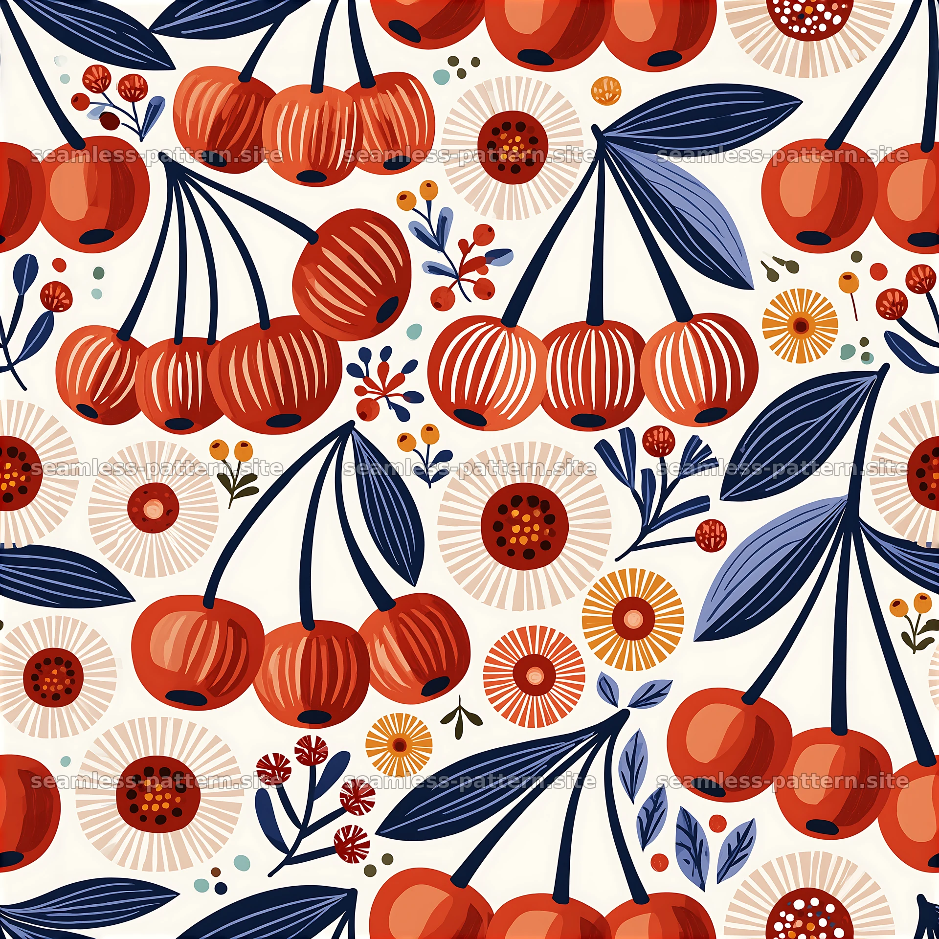 Colorful cherry pattern with flowers and leaves on a light background — seamless tileable pattern at 8192x8192