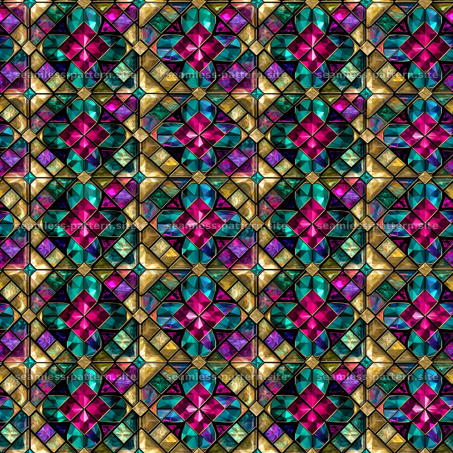 Seamless texture featuring stained glass jewel tones and cross shapes — seamless tileable pattern at 8192x8192