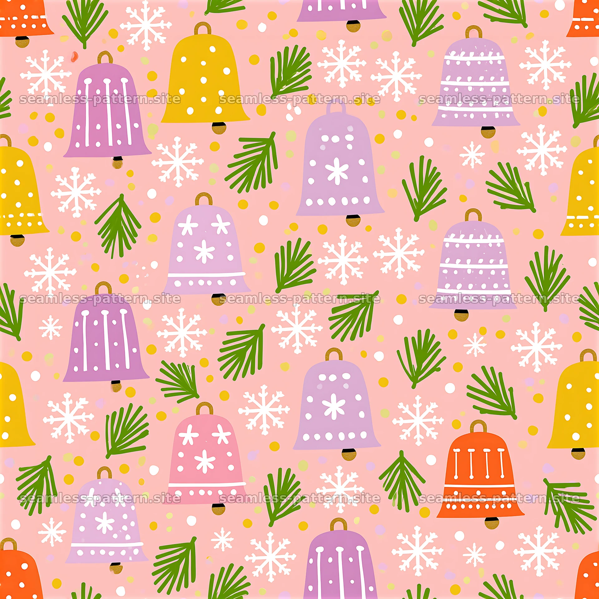 Colorful seamless pattern with bells and snowflakes — seamless tileable pattern at 8192x8192
