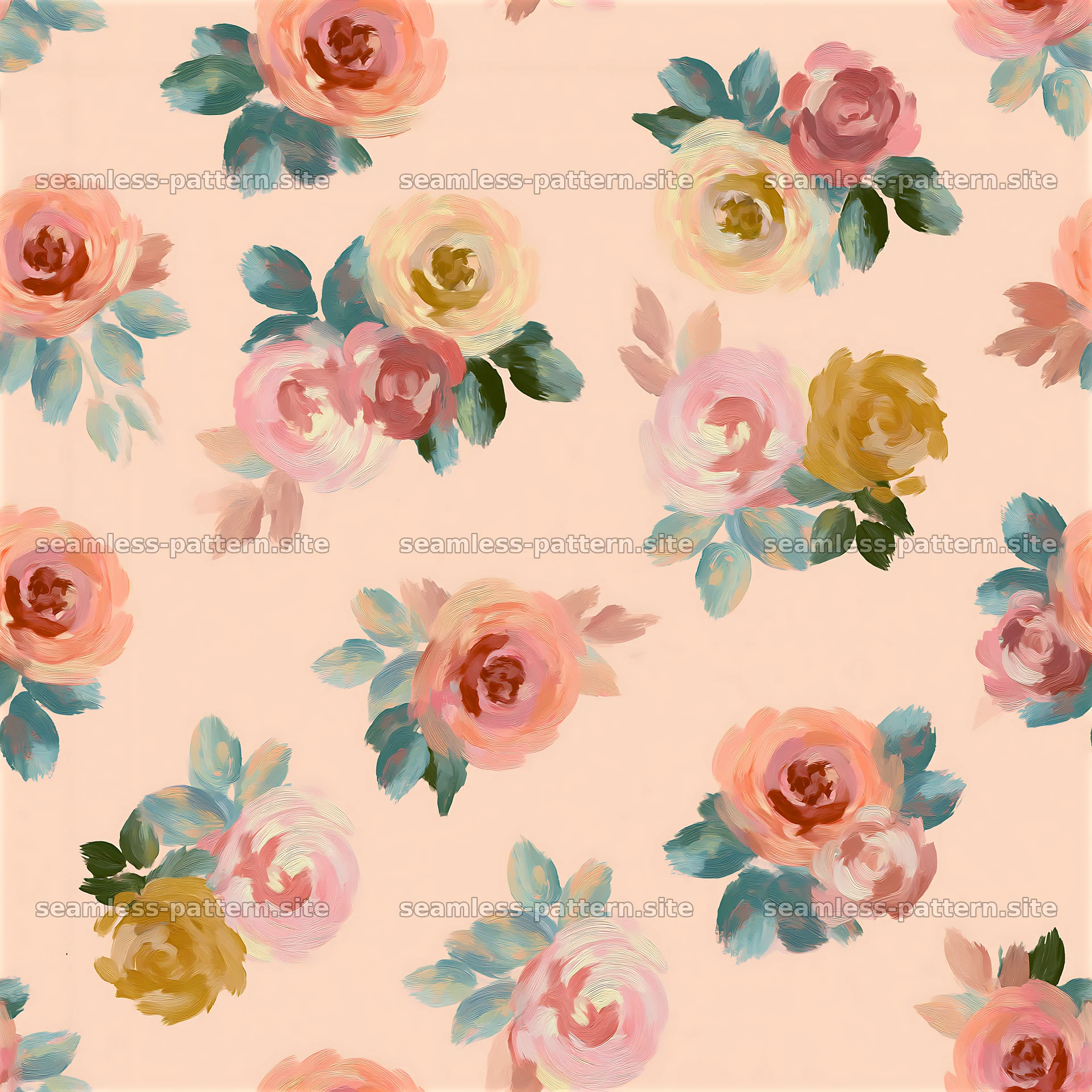 Colorful rose seamless pattern with soft pastel shades and brush — seamless tileable pattern at 8192x8192