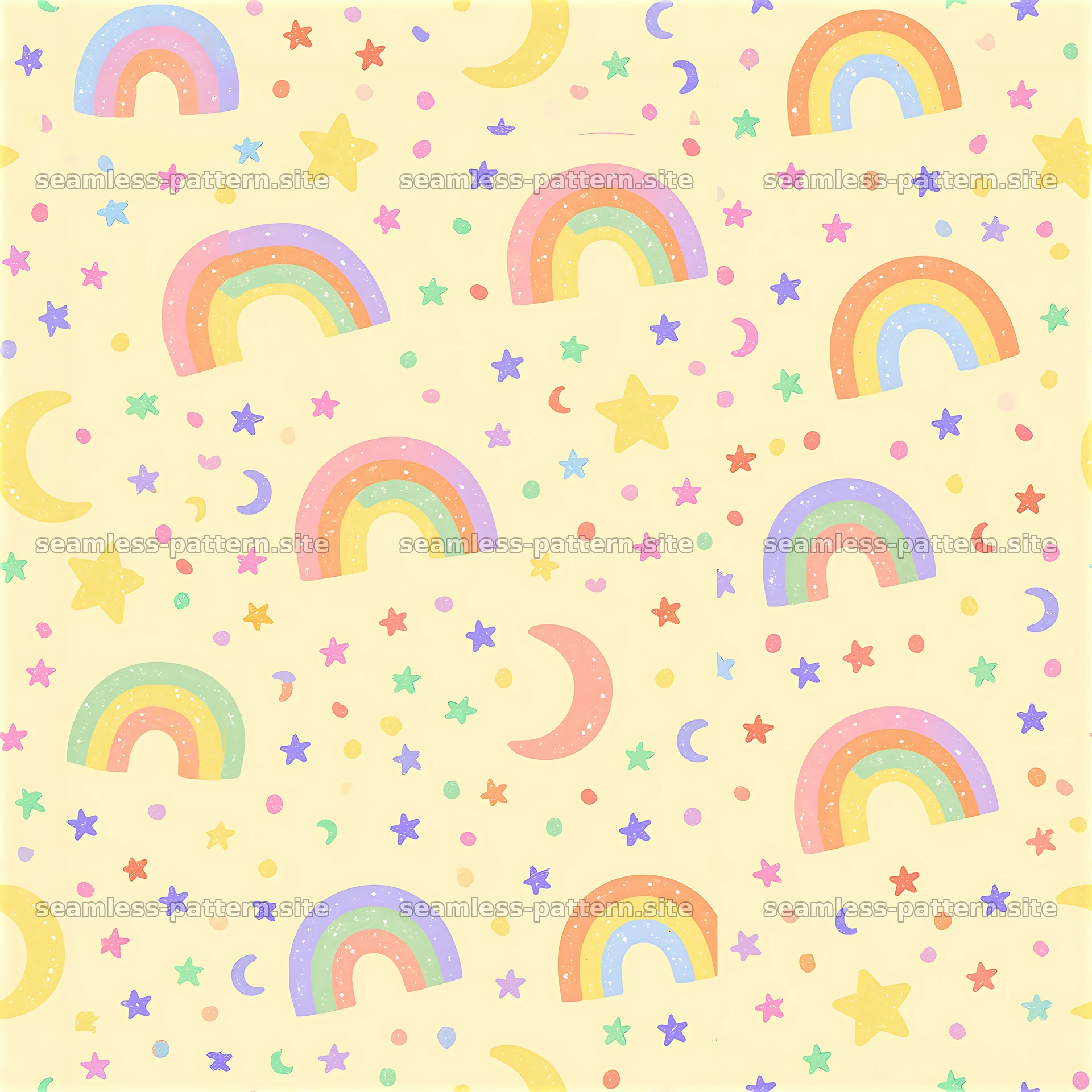 Colorful rainbow and star seamless pattern on pastel yellow background — seamless tileable pattern at 8192x8192