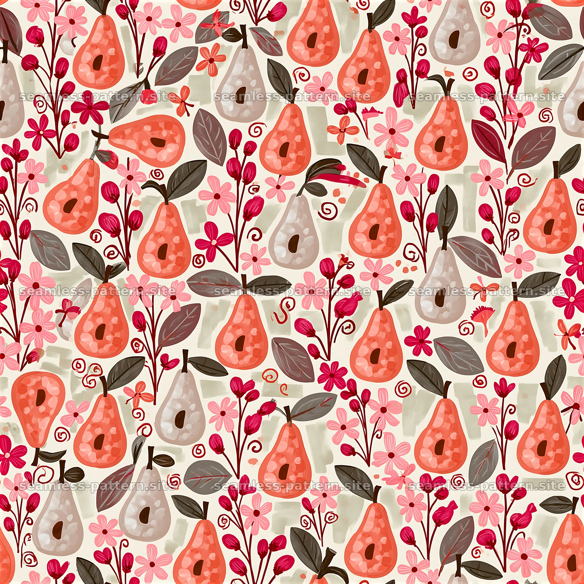Colorful Watercolor Pear and Floral Seamless Pattern — seamless tileable pattern at 8192x8192