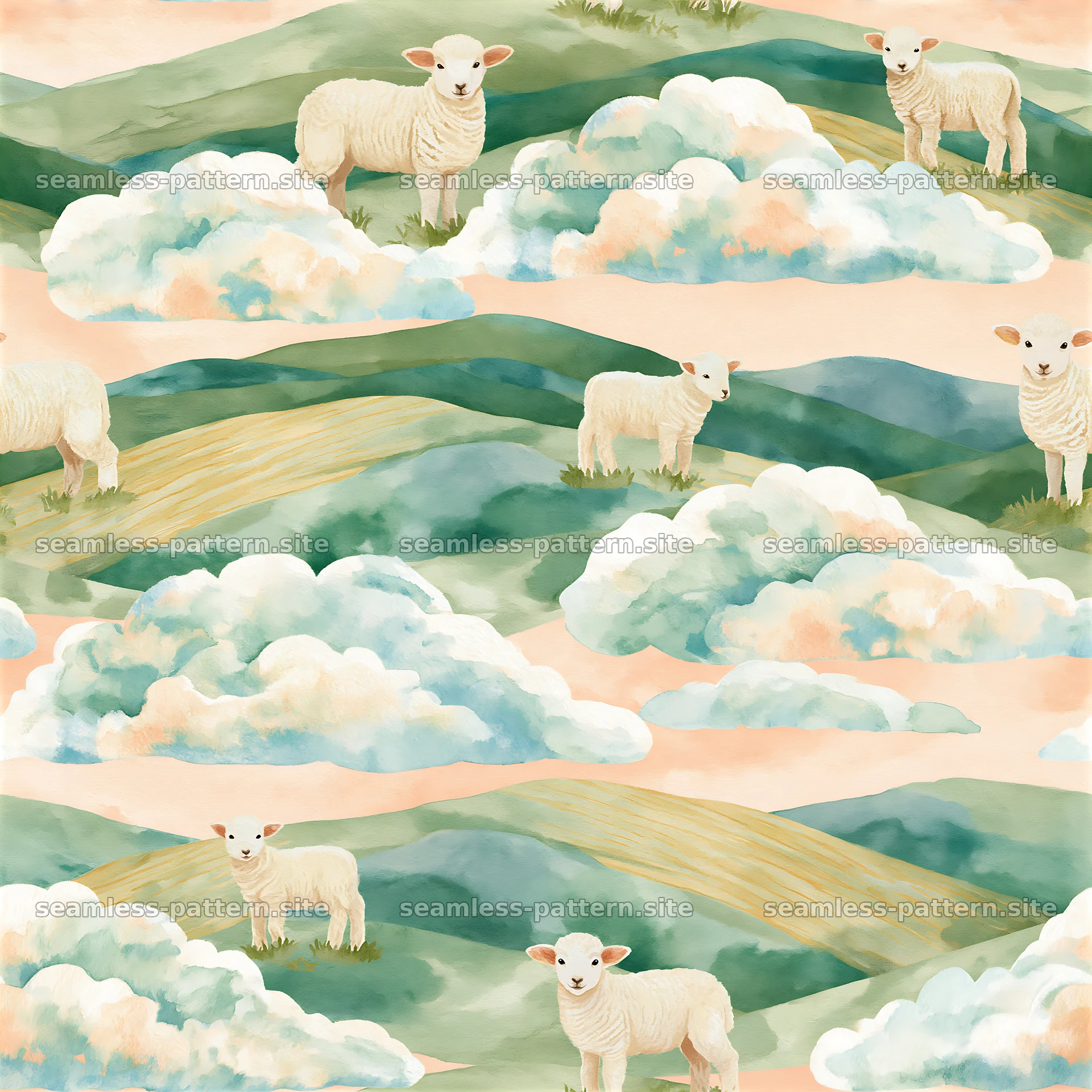 Seamless pattern of lambs, clouds and soft watercolor landscapes — seamless tileable pattern at 8192x8192