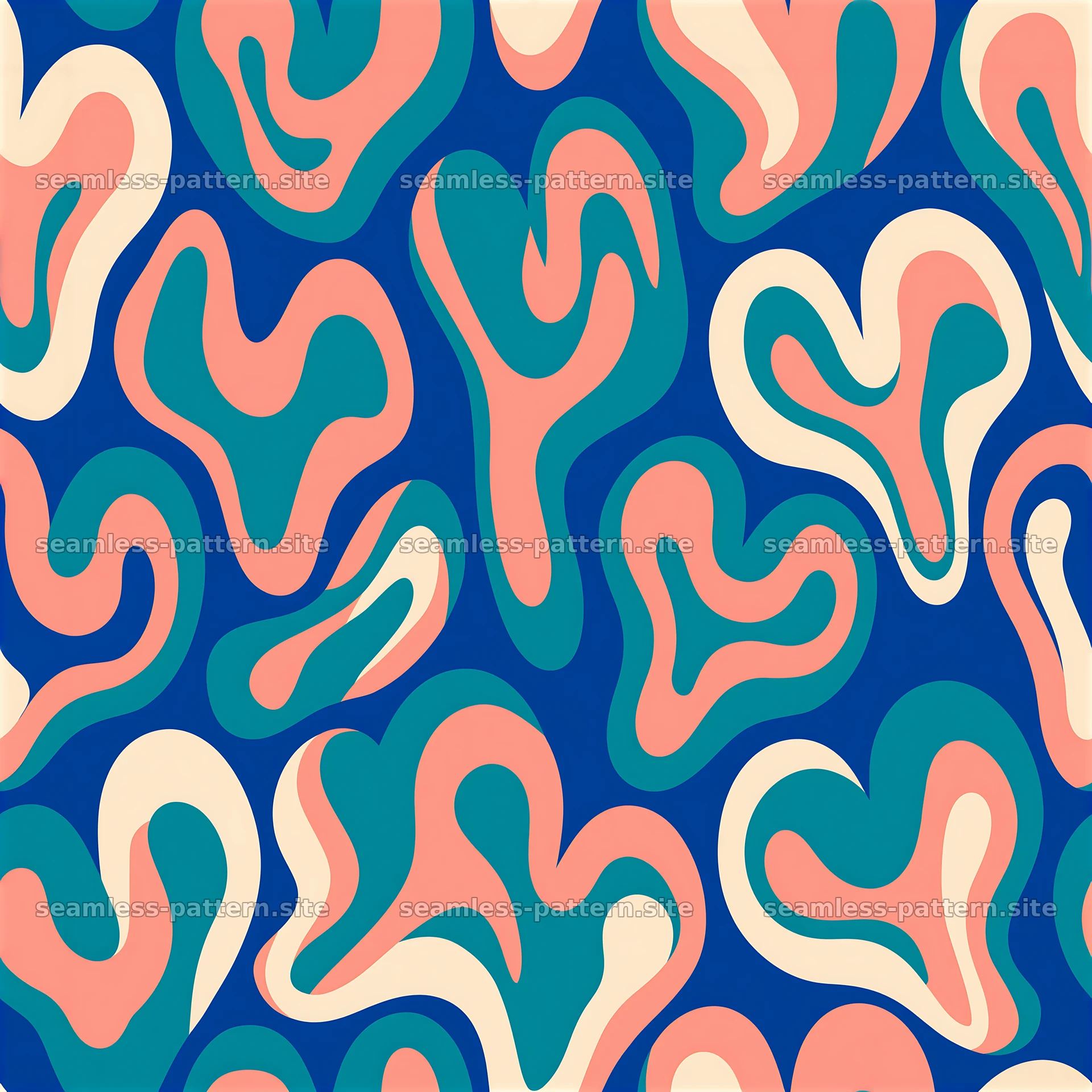 Seamless abstract heart pattern with fluid shapes in blue background — seamless tileable pattern at 8192x8192