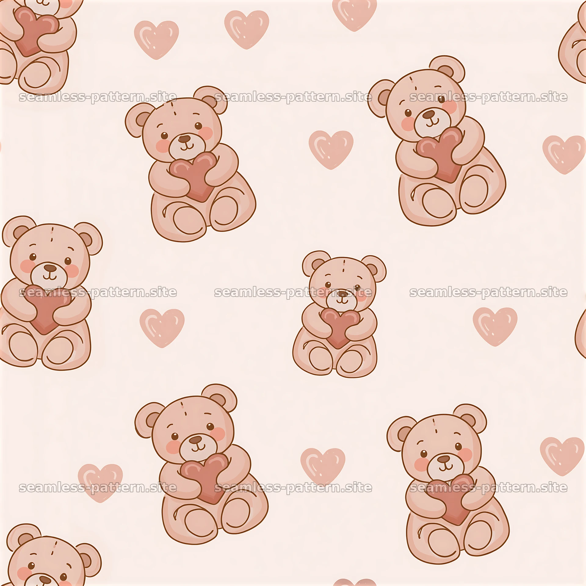Cute teddy bears and hearts seamless pattern in soft colors — seamless tileable pattern at 8192x8192