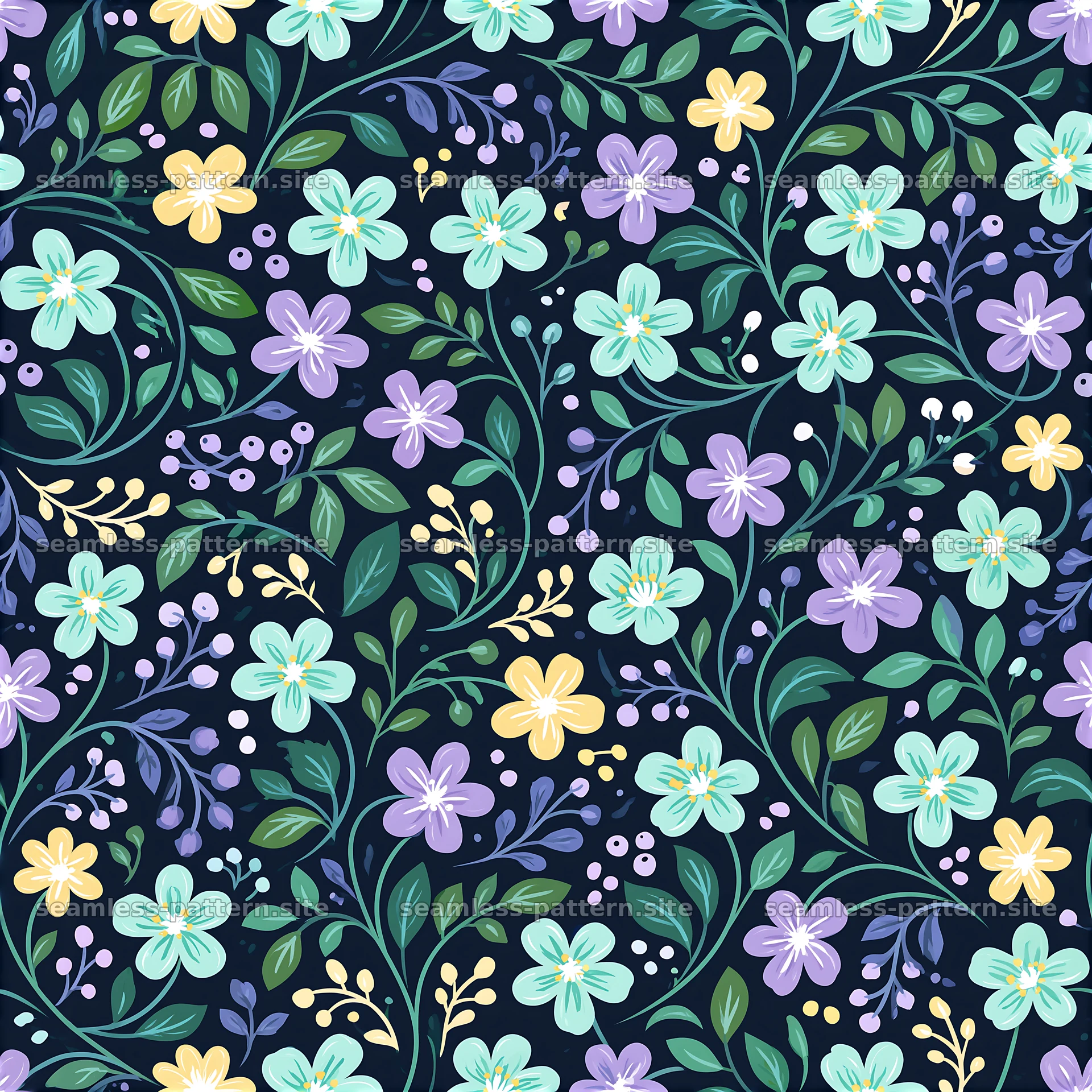 Cute floral doodles seamless pattern with colorful flowers on dark — seamless tileable pattern at 8192x8192