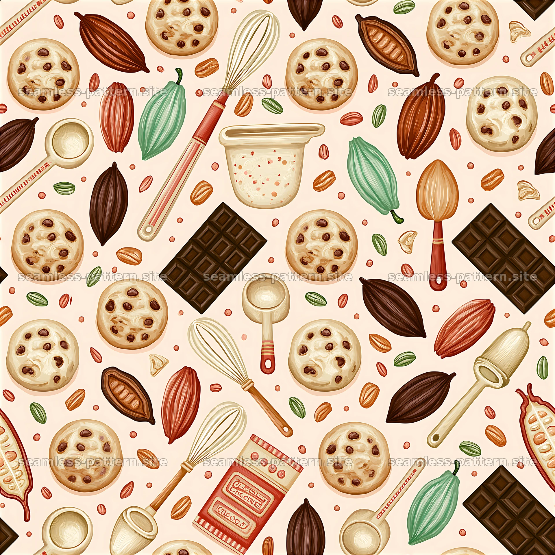 Colorful Baking Tools and Chocolate Cookie Seamless Pattern — seamless tileable pattern at 8192x8192
