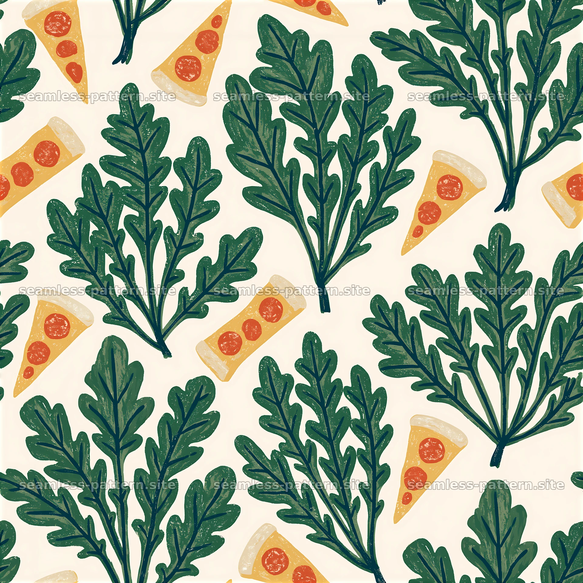 Seamless arugula pizza pattern with green leaves and pizza slices — seamless tileable pattern at 8192x8192
