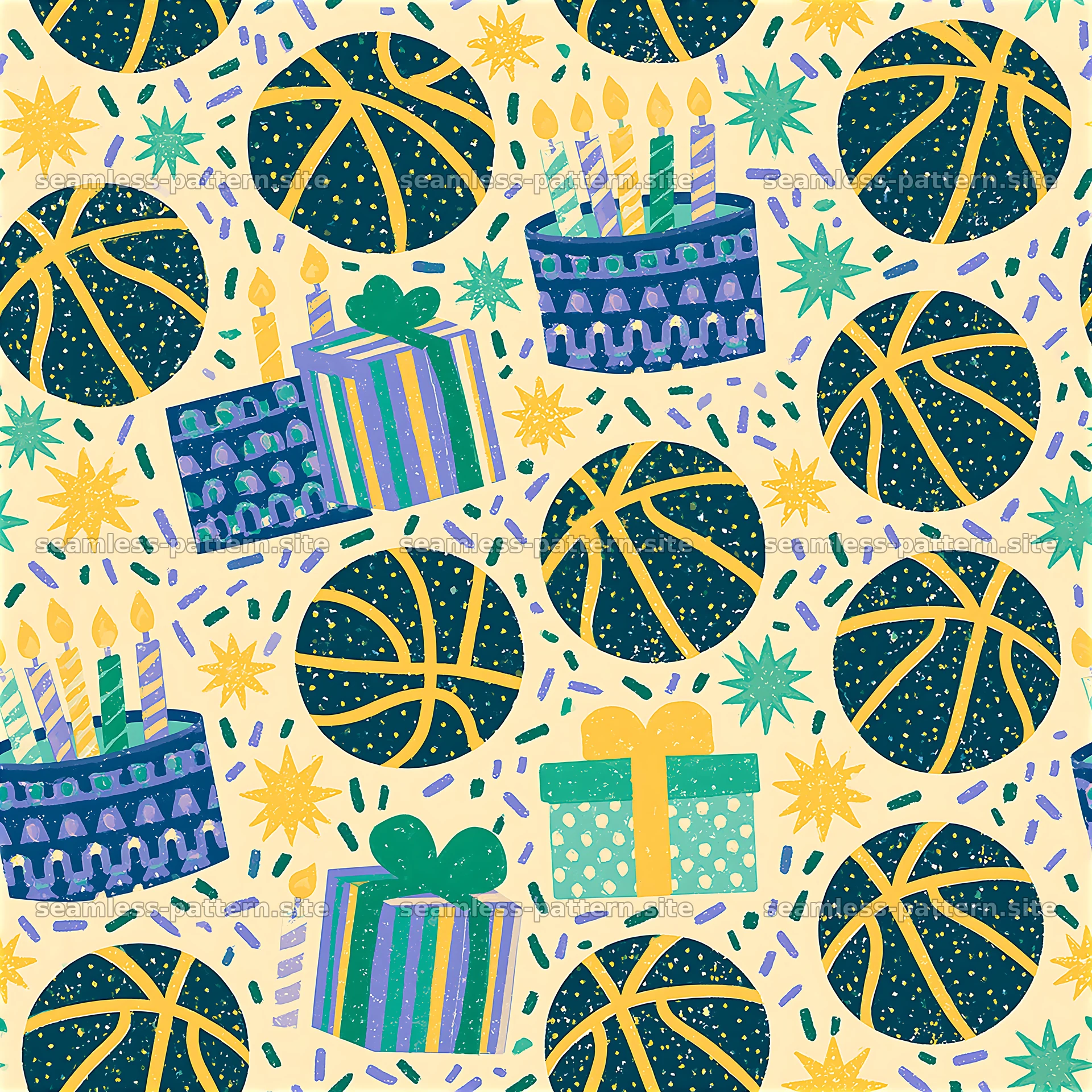 Birthday Basketballs and Gifts Seamless Pattern — seamless tileable pattern at 8192x8192