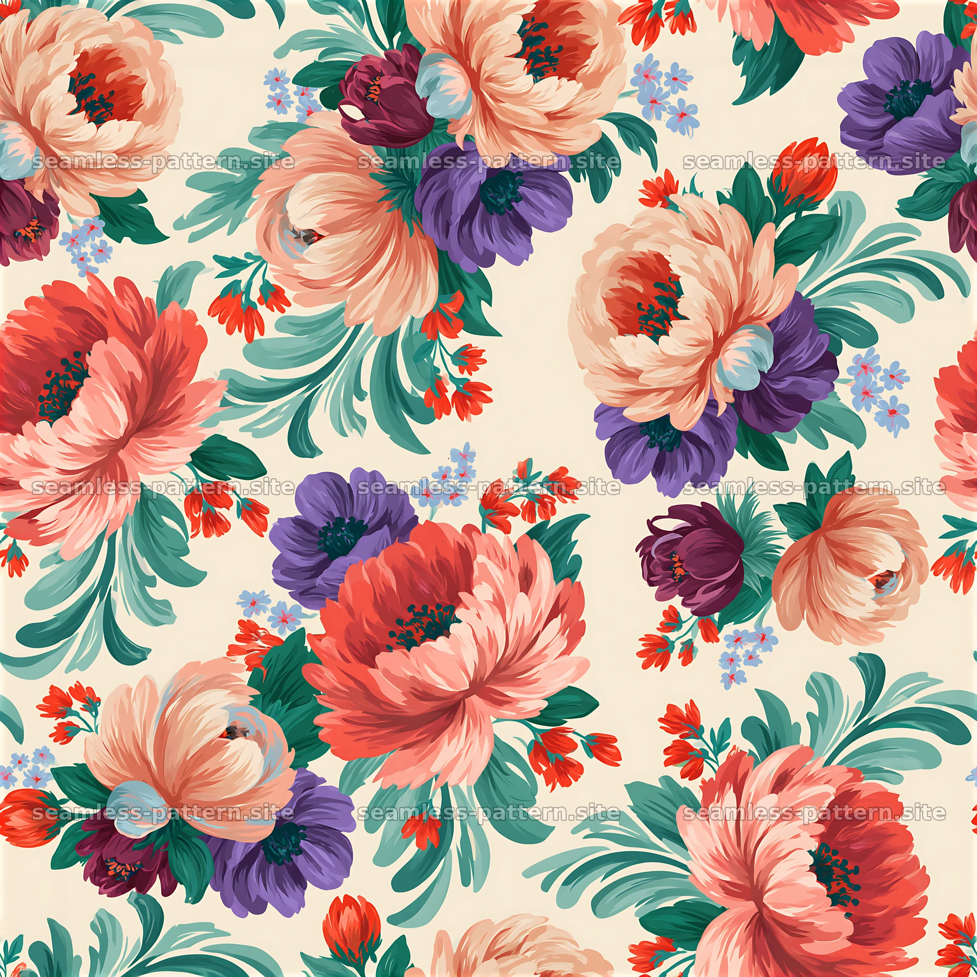 Colorful floral repeat pattern with vibrant blooms and green leaves — seamless tileable pattern at 8192x8192