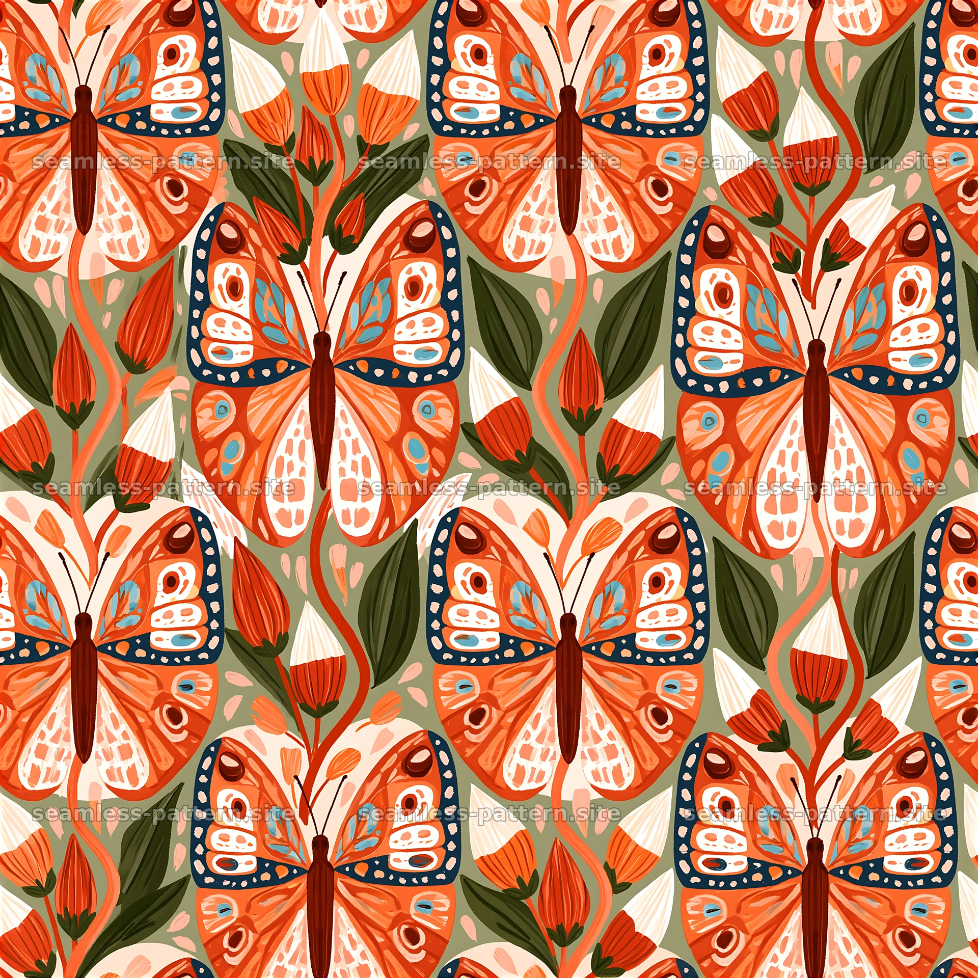 Colorful butterfly seamless pattern with floral motifs in warm colors — seamless tileable pattern at 8192x8192