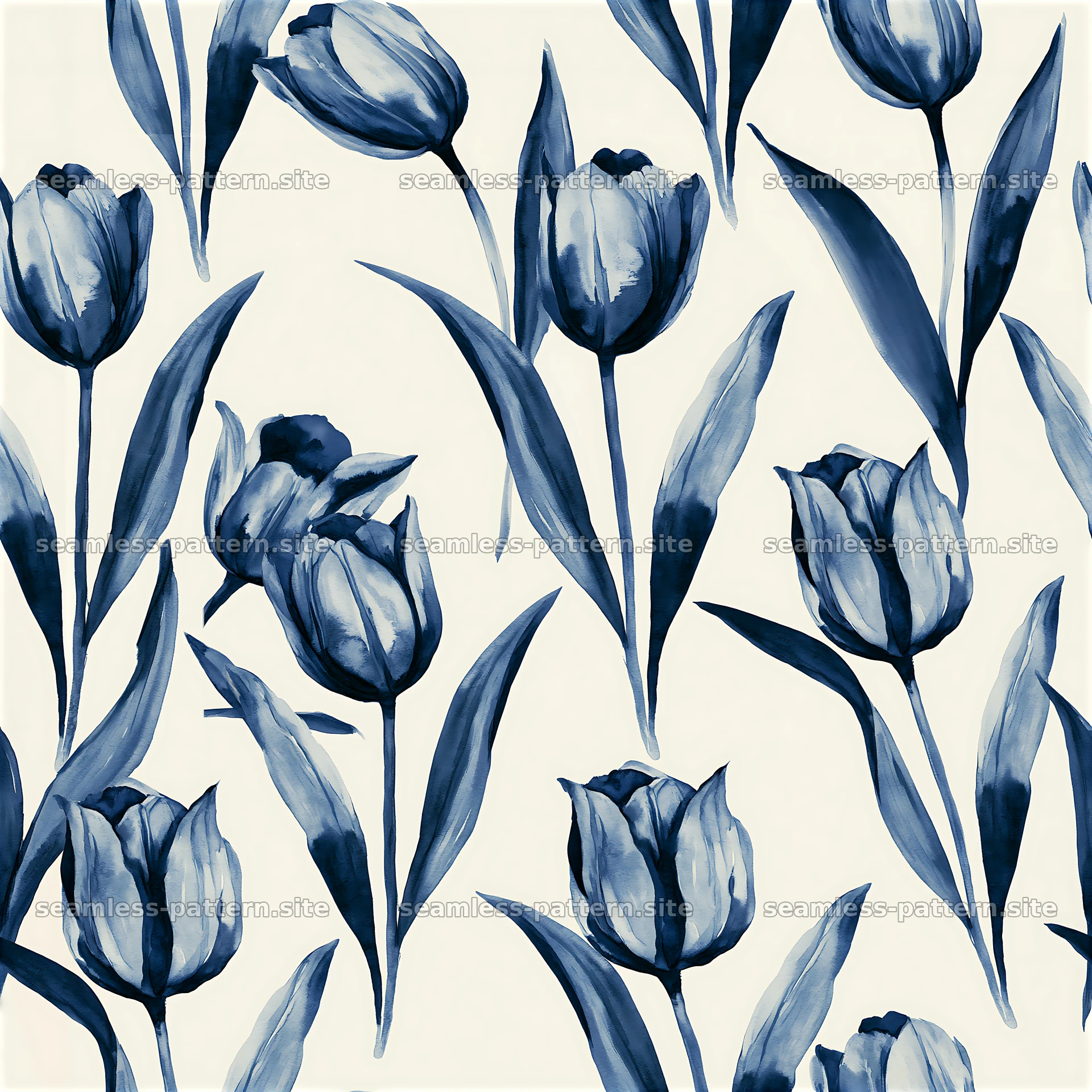 Seamless watercolor tulip pattern in blue and white — seamless tileable pattern at 8192x8192