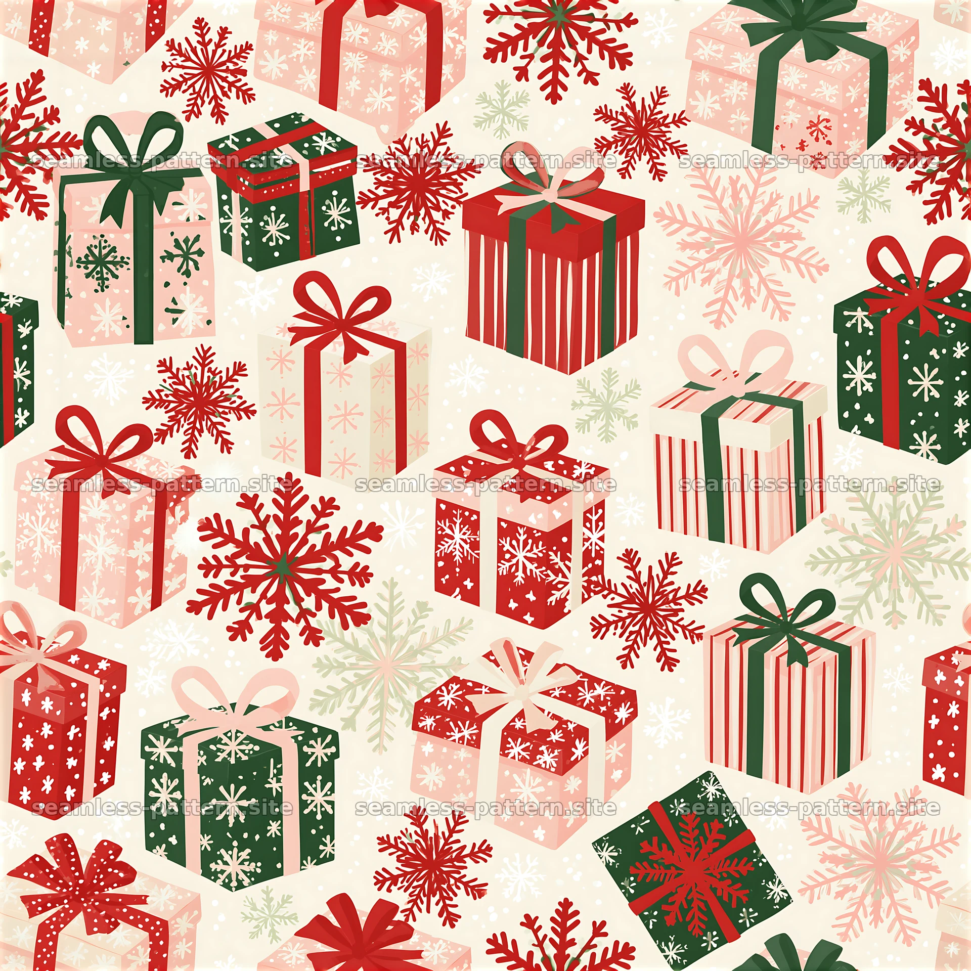Seamless pattern of winter holiday presents and snowflakes — seamless tileable pattern at 8192x8192