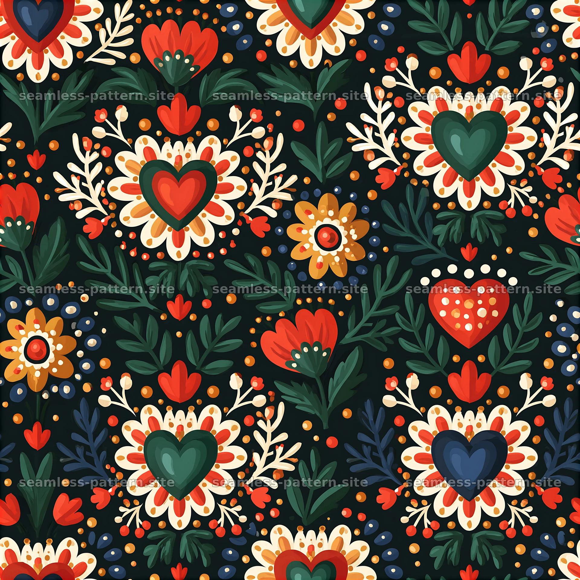 Seamless Folk Art Heart and Floral Pattern — seamless tileable pattern at 8192x8192