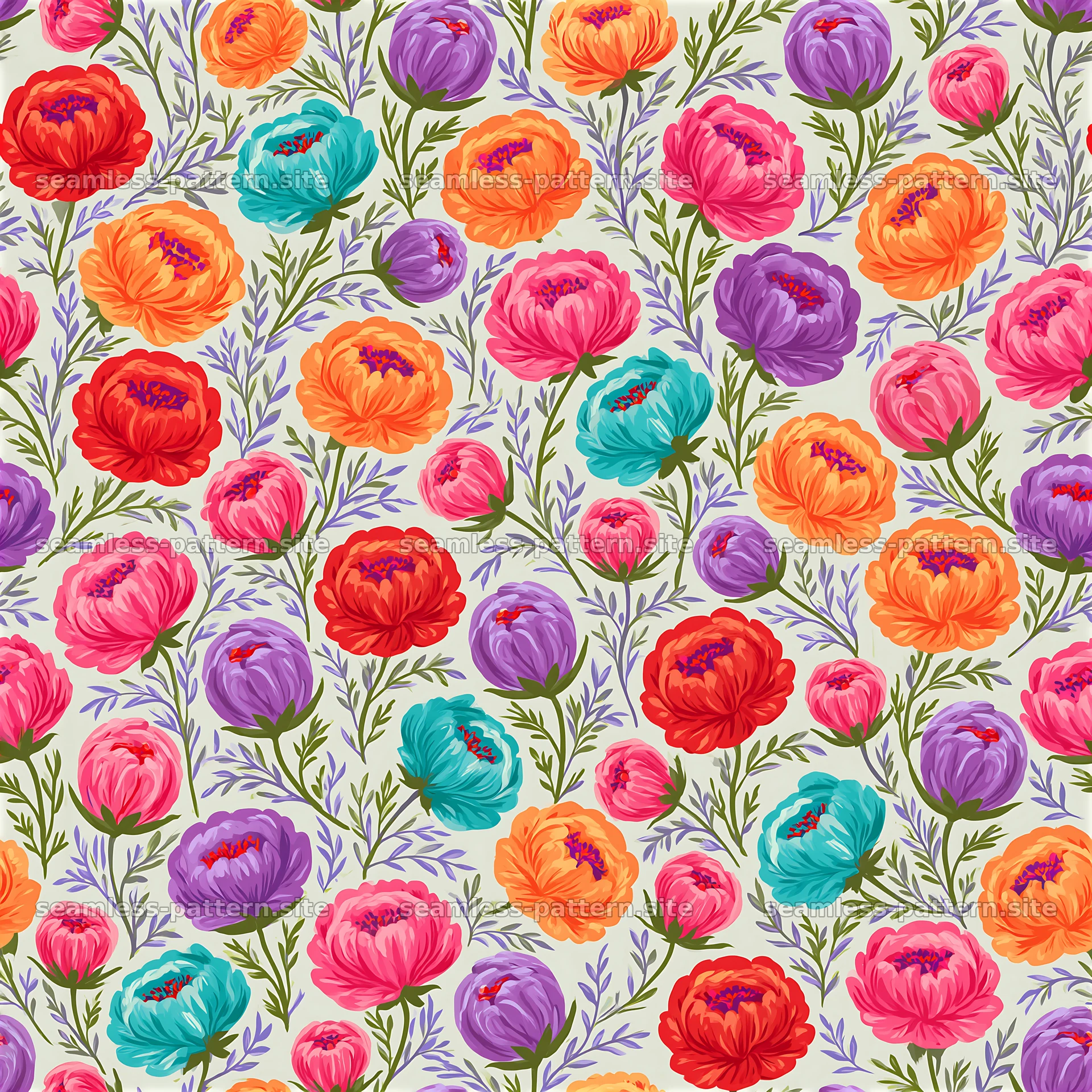 Colorful floral seamless pattern featuring various peony flowers — seamless tileable pattern at 8192x8192