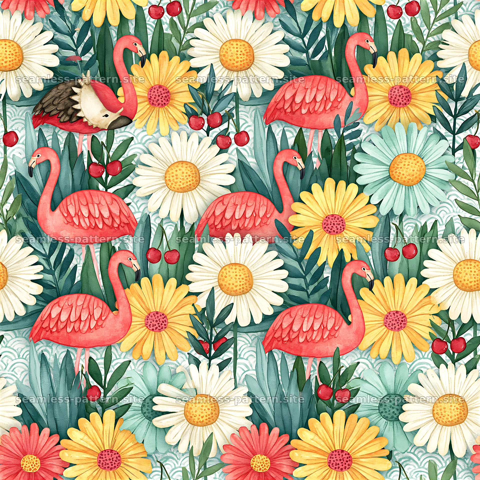 Funky Kitsch Flamingo and Flower Seamless Pattern — seamless tileable pattern at 8192x8192