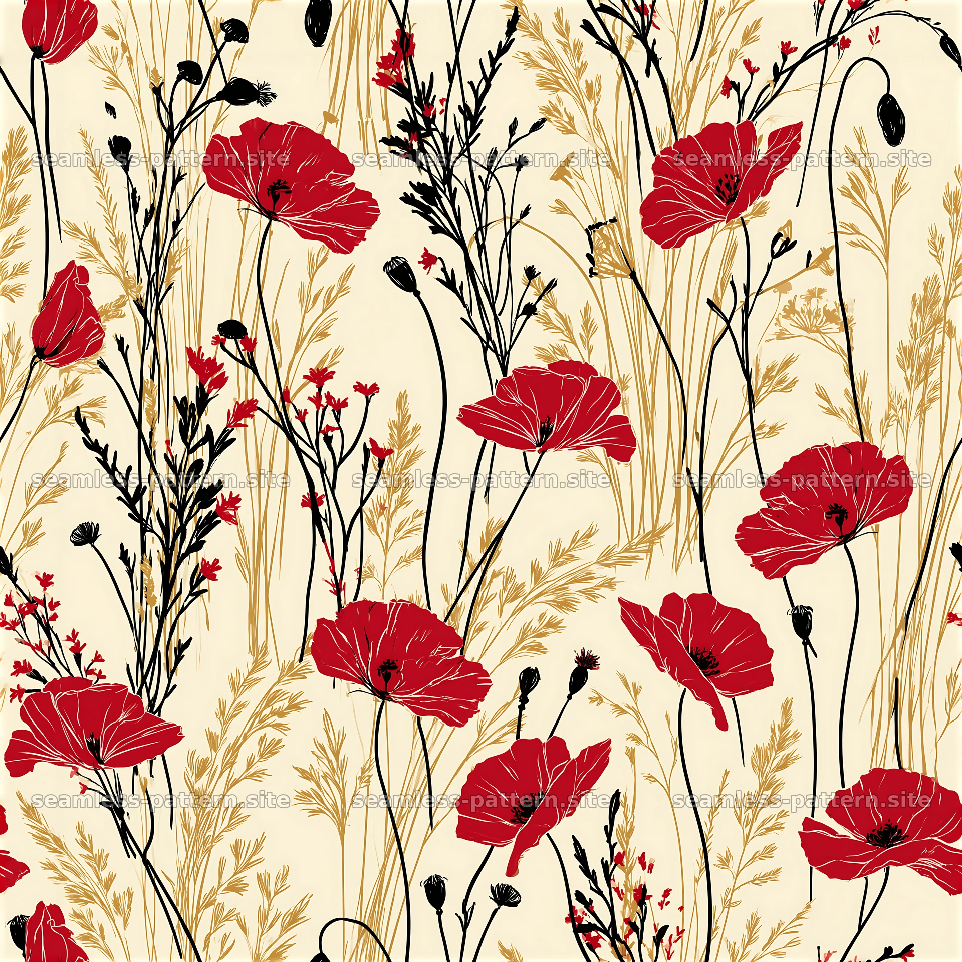 Vibrant red and black wildflower seamless pattern — seamless tileable pattern at 8192x8192