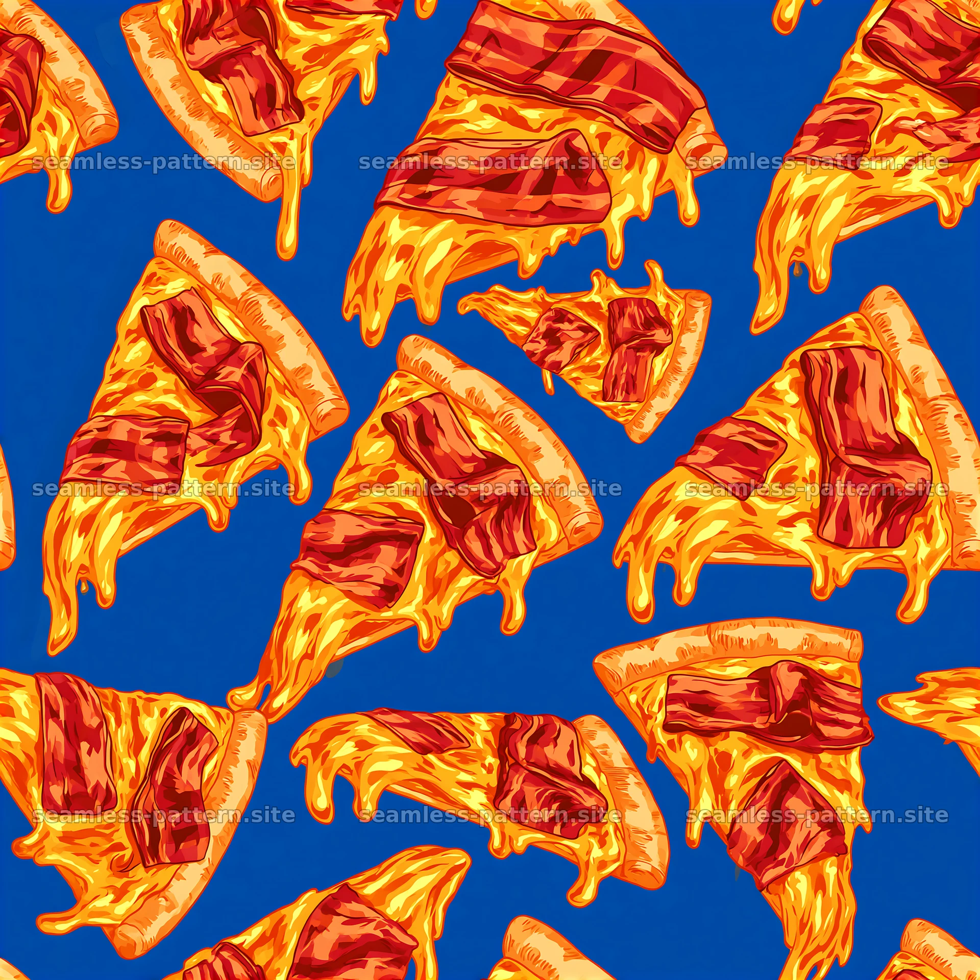 Bacon pizza slices on blue background in seamless pattern design — seamless tileable pattern at 8192x8192