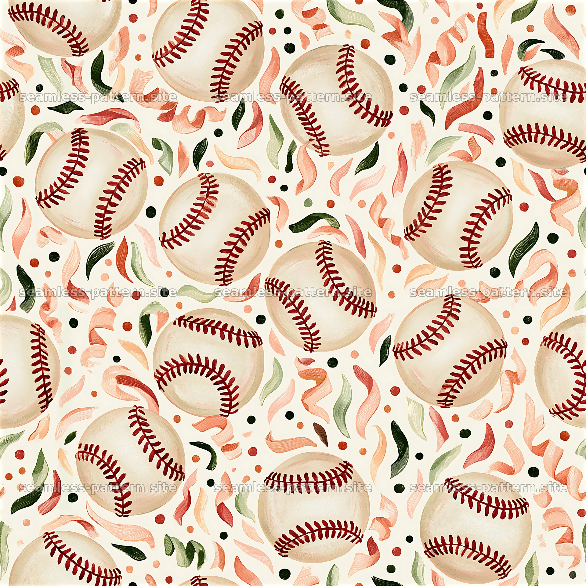 Birthday Baseballs Seamless Pattern with Confetti — seamless tileable pattern at 8192x8192